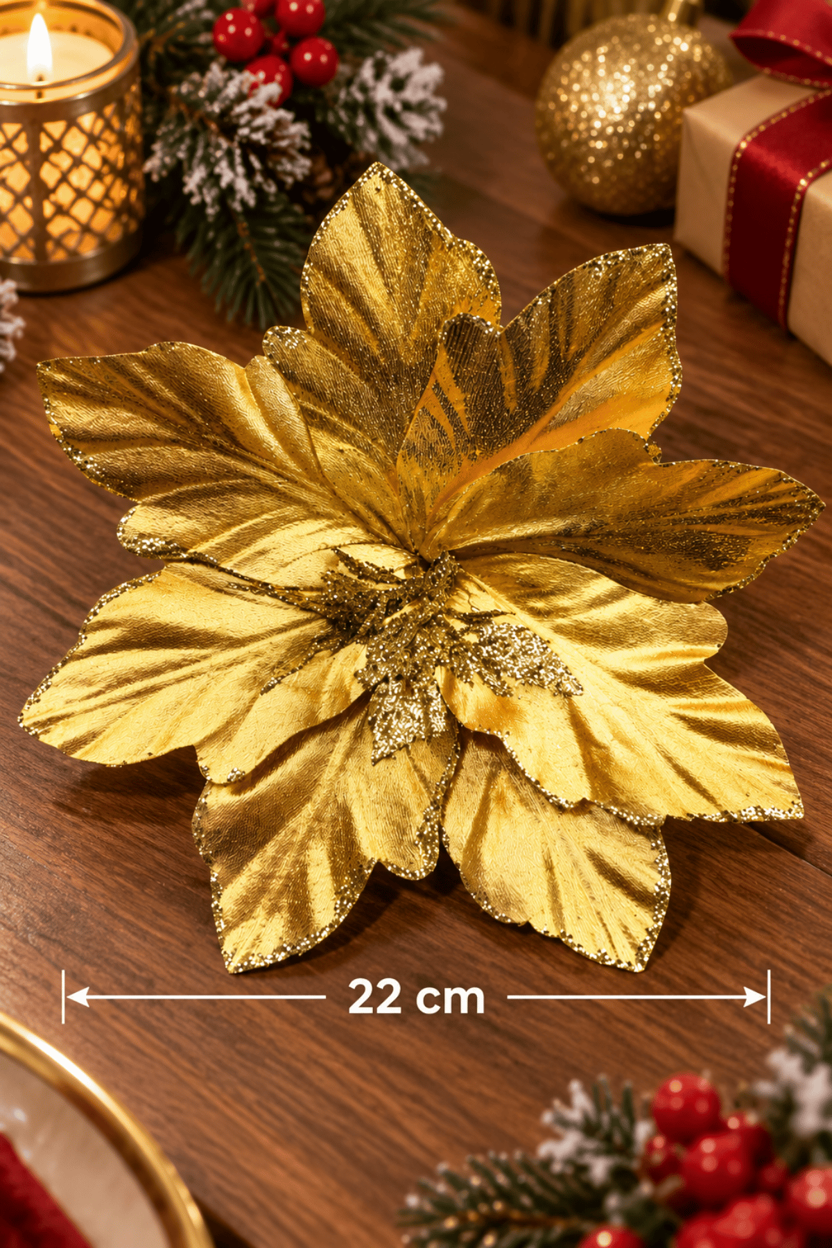 Krom Efektli Gold Ata Çiçeği 22 Cm Parlak Görünümlü Simli Yılbaşı Çam Ağacı Yeni Yıl Yapay Çiçek