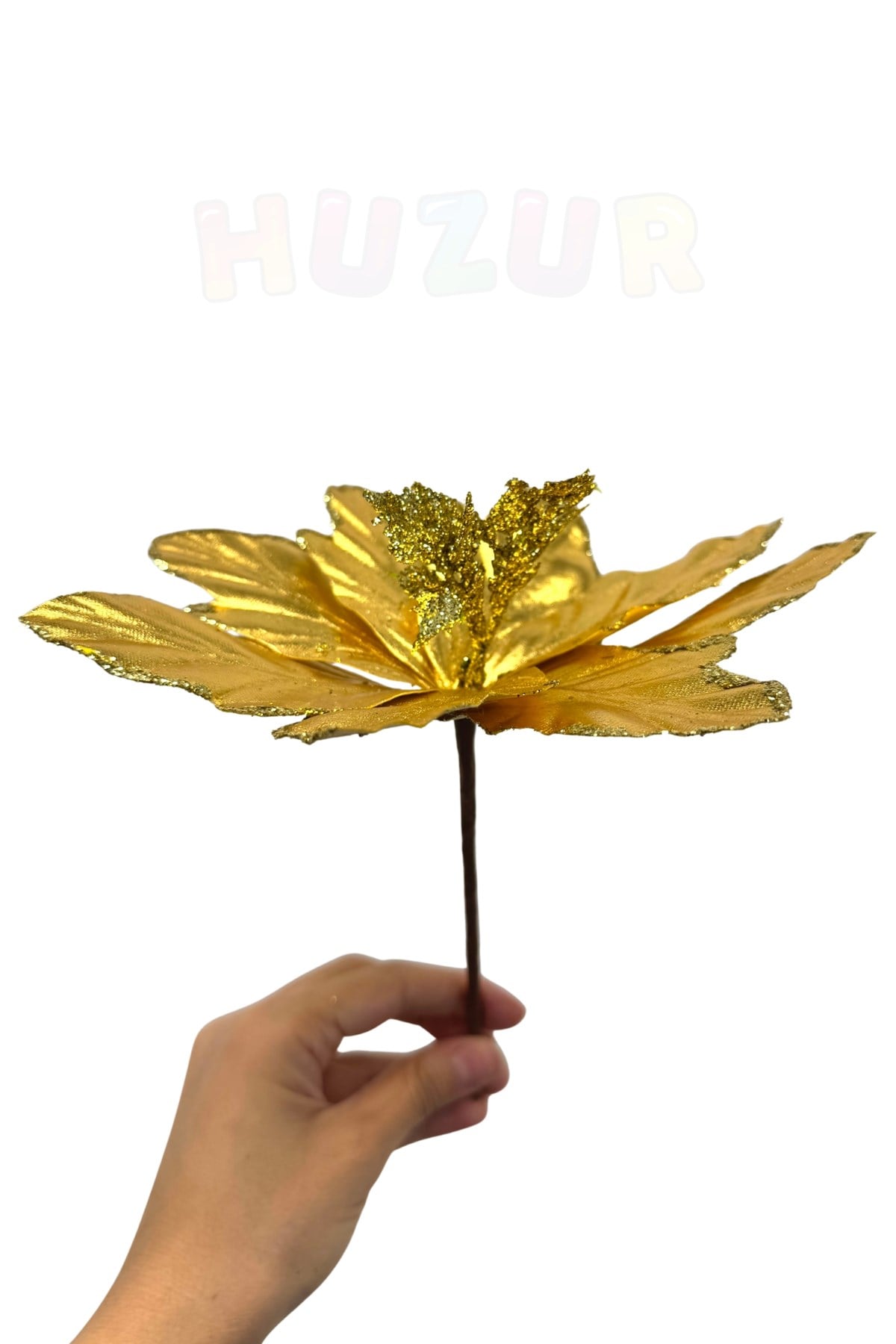 Krom Efektli Gold Ata Çiçeği 22 Cm Parlak Görünümlü Simli Yılbaşı Çam Ağacı Yeni Yıl Yapay Çiçek