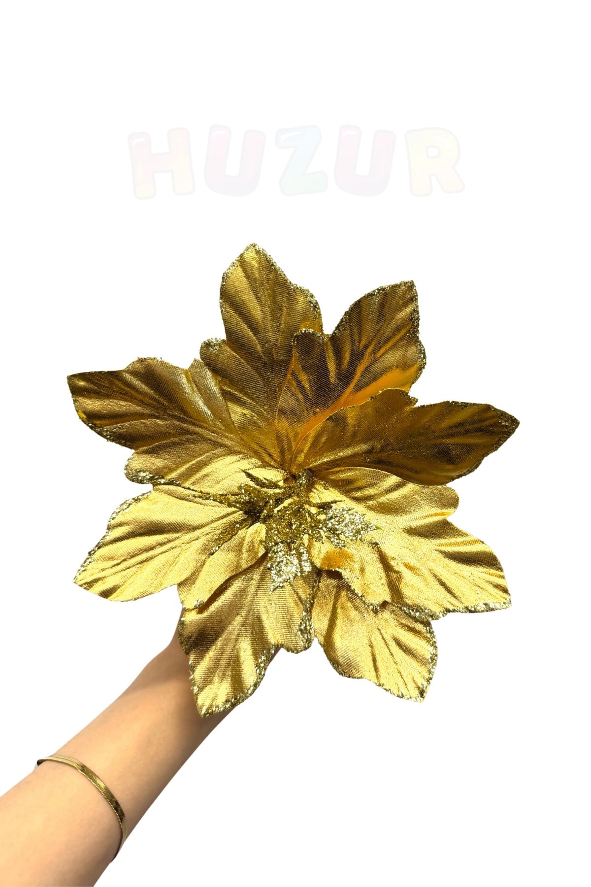 Krom Efektli Gold Ata Çiçeği 22 Cm Parlak Görünümlü Simli Yılbaşı Çam Ağacı Yeni Yıl Yapay Çiçek