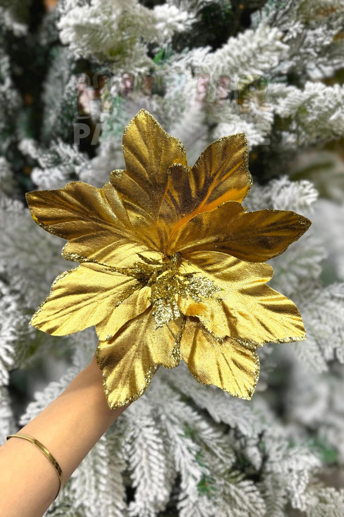 Krom Efektli Gold Ata Çiçeği 22 Cm Parlak Görünümlü Simli Yılbaşı Çam Ağacı Yeni Yıl Yapay Çiçek