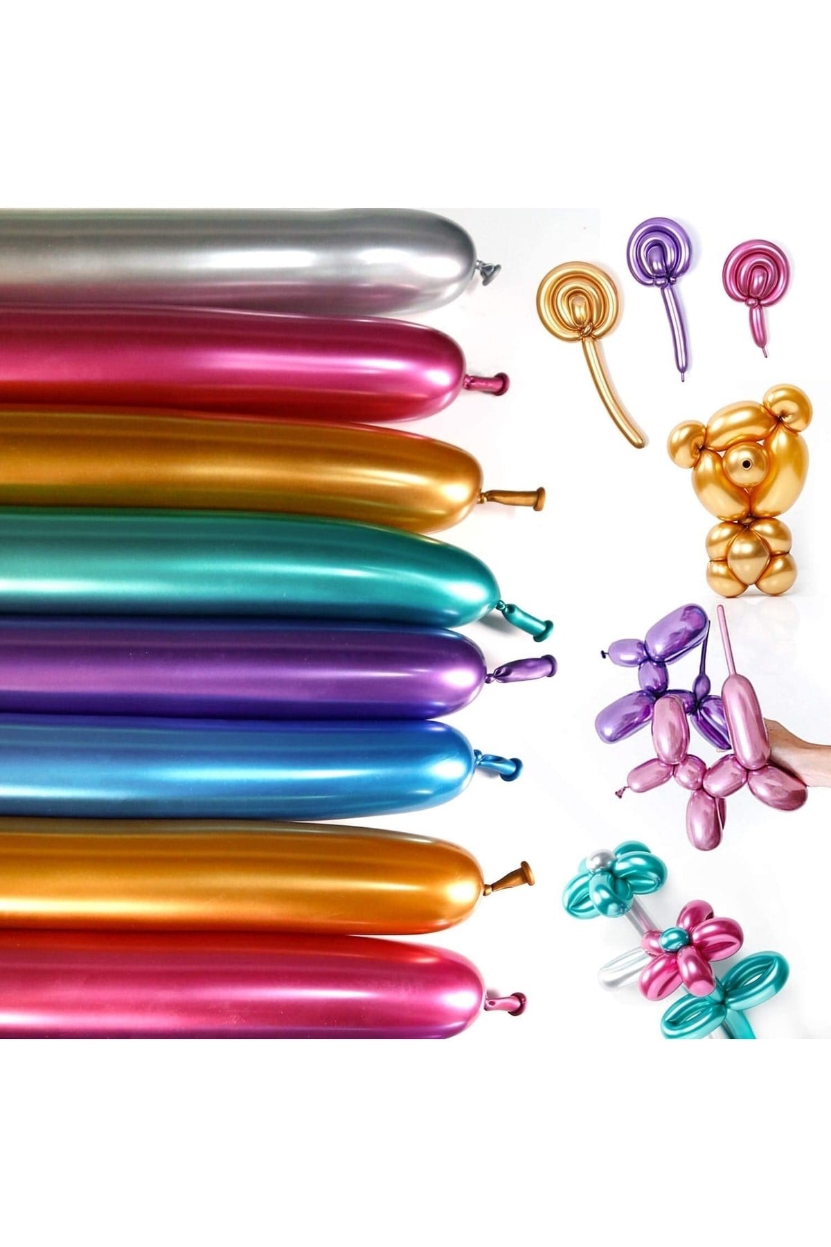 Krom Sosis Balon 10 Adet 150x5 Cm Karışık Renk Uzun Ince Şekil Verilebilen Parlak Palyaço Balonu