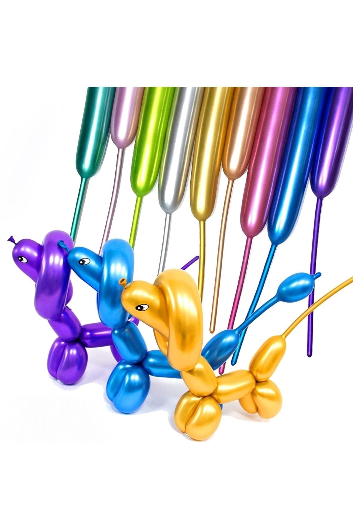 Krom Sosis Balon 10 Adet 150x5 Cm Karışık Renk Uzun Ince Şekil Verilebilen Parlak Palyaço Balonu