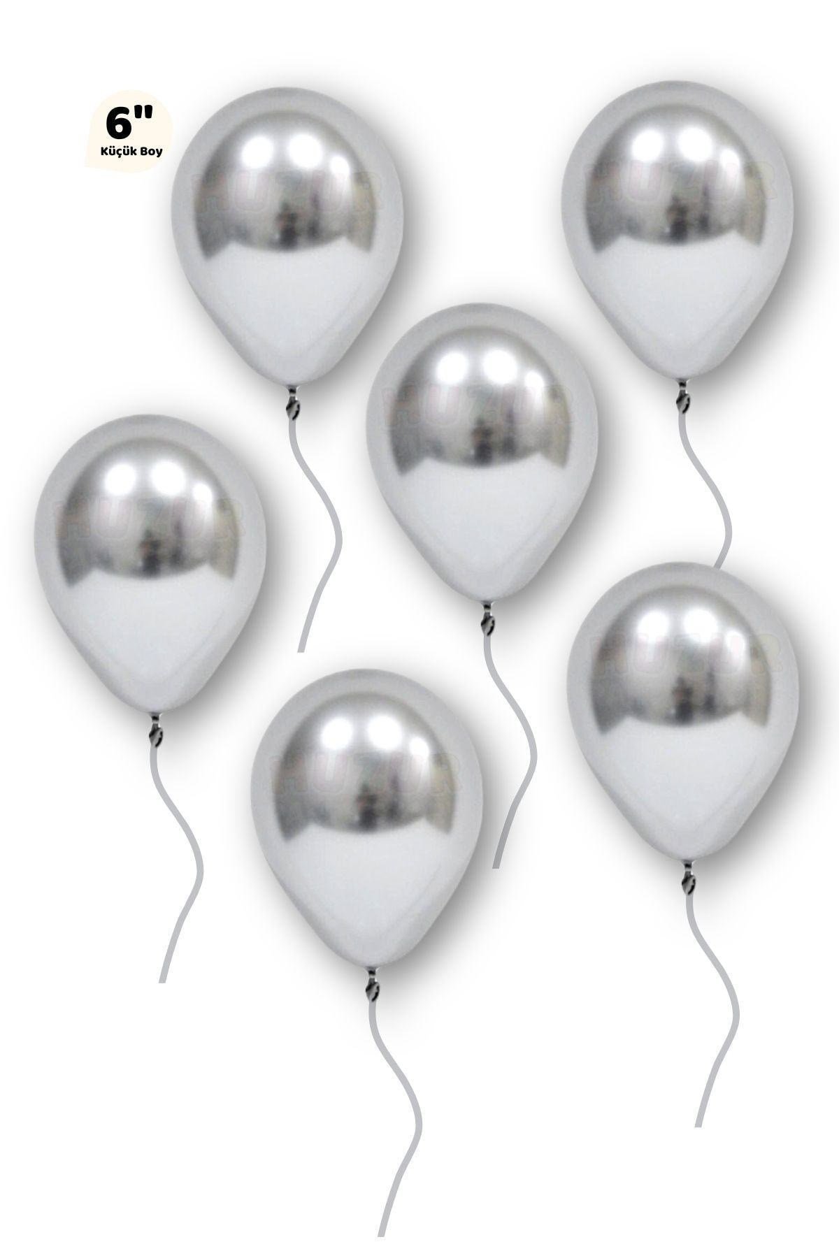 Küçük Mini Boy Gümüş Renkli Krom Balon 10 Adet 6 Inç 15 Cm Gri Silver Çok Parlak Doğum Günü Balonu