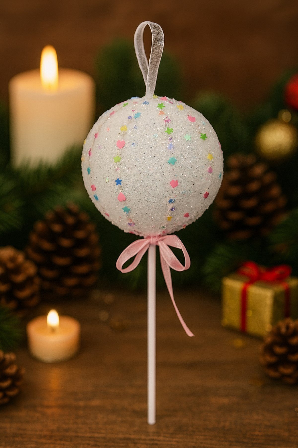 Lolipop Şeker 25 Cm Pembe Fiyonklu Renkli Mini Yıldız Kalp Figürlü Tatlı Yılbaşı Çam Ağacı Süsü