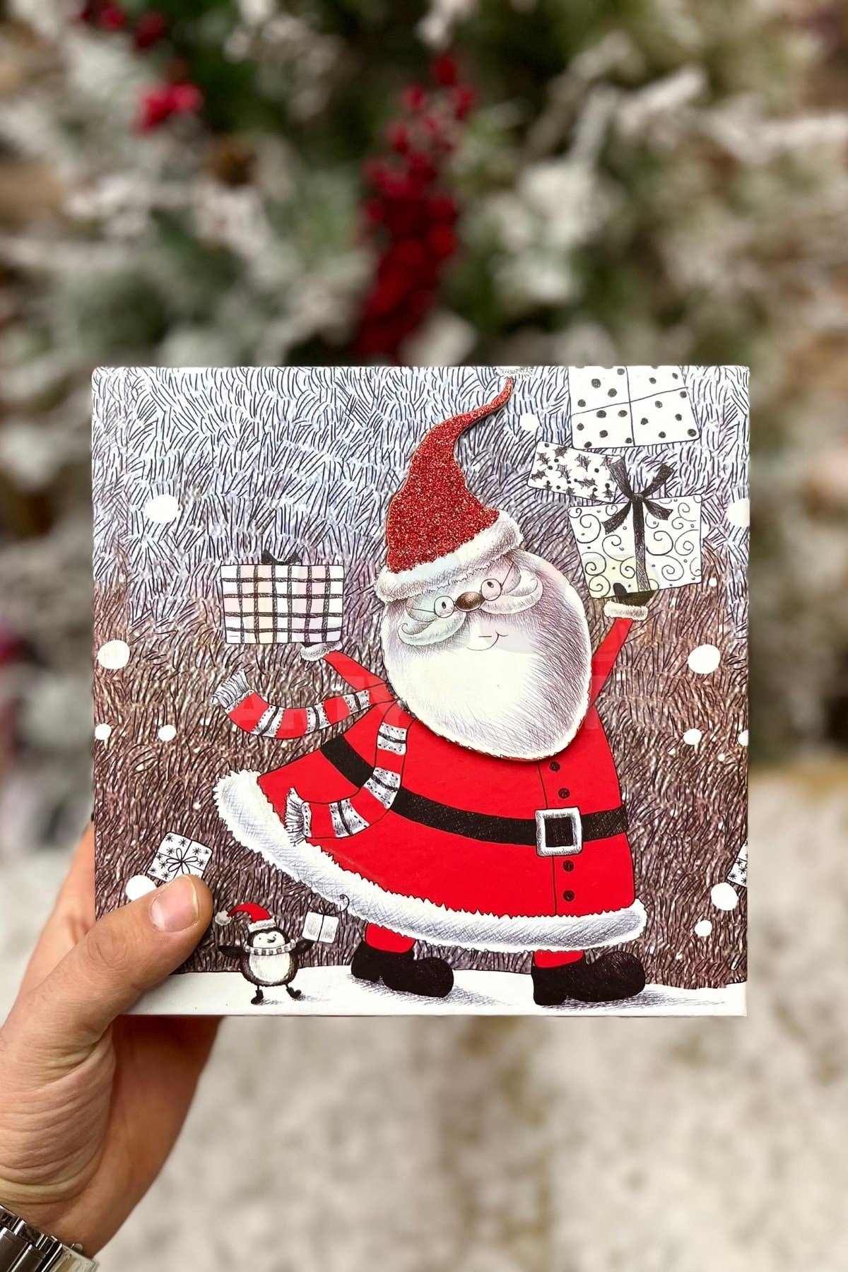 Lüks Yılbaşı Hediyelik Hediye Kutusu 3 Lü Set Kabartmalı Noel Baba Baskılı Yeni Yıl Kış Temalı