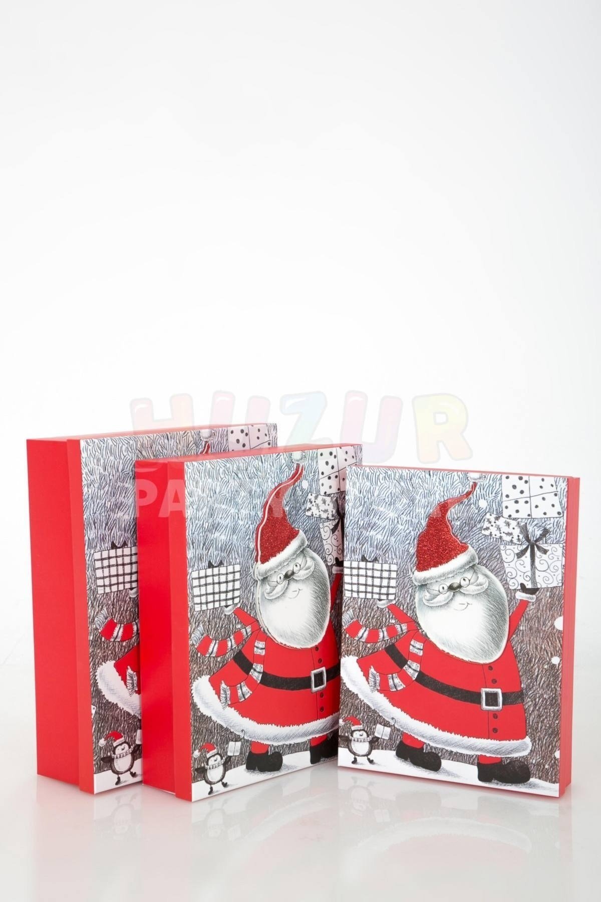 Lüks Yılbaşı Hediyelik Hediye Kutusu 3 Lü Set Kabartmalı Noel Baba Baskılı Yeni Yıl Kış Temalı