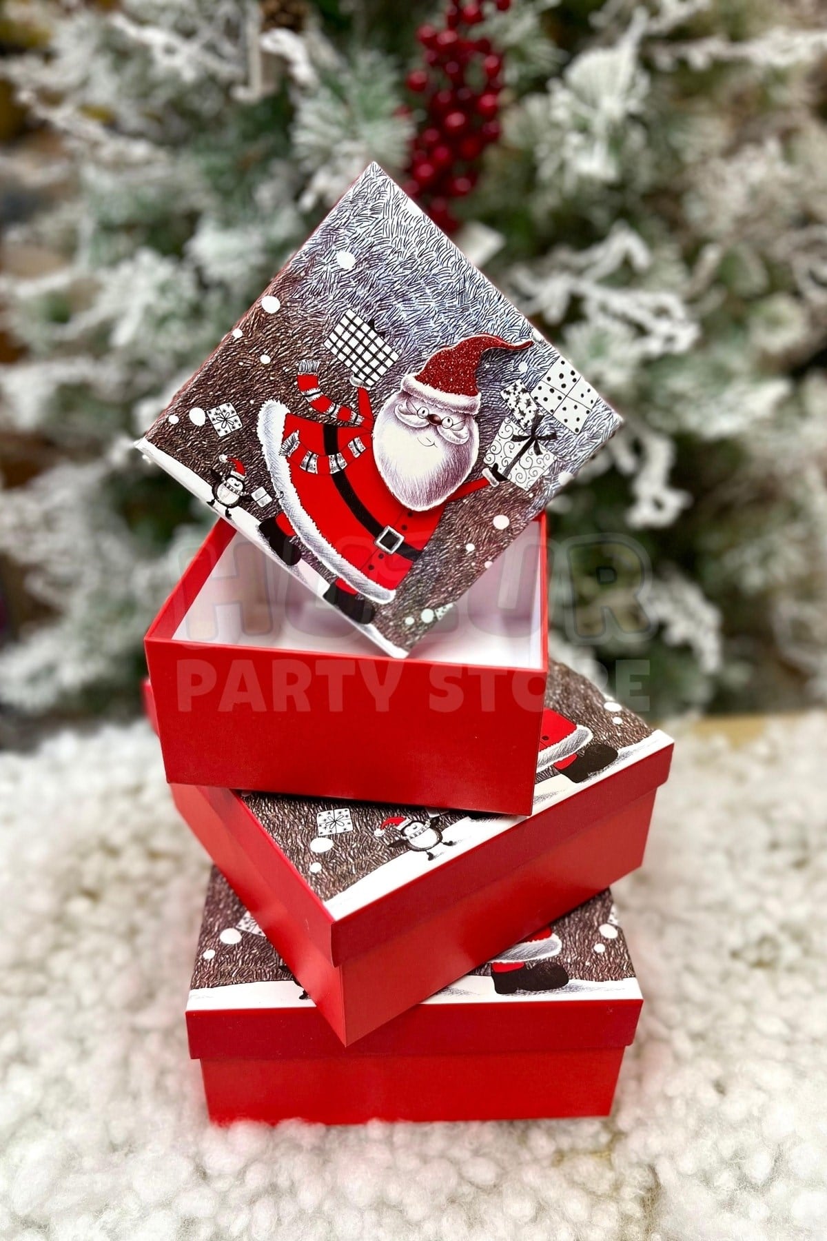 Lüks Yılbaşı Hediyelik Hediye Kutusu 3 Lü Set Kabartmalı Noel Baba Baskılı Yeni Yıl Kış Temalı