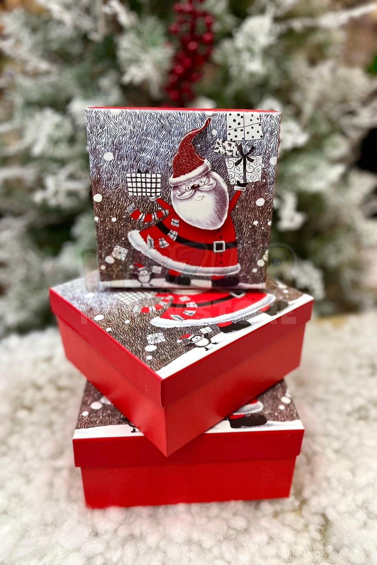 Lüks Yılbaşı Hediyelik Hediye Kutusu 3 Lü Set Kabartmalı Noel Baba Baskılı Yeni Yıl Kış Temalı
