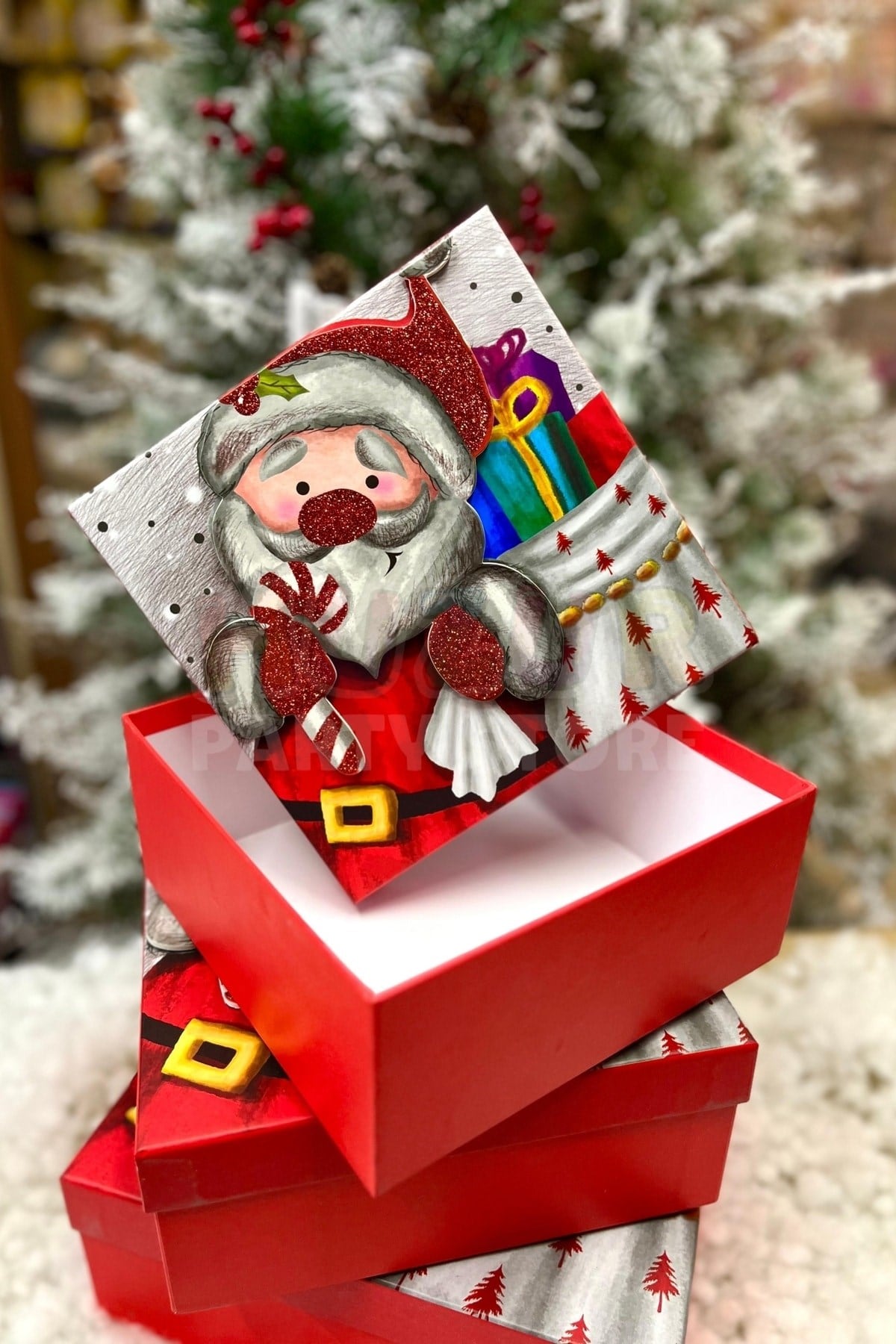 Lüks Yılbaşı Hediyelik Hediye Kutusu 3 Lü Set Kabartmalı Noel Baba Baskılı Yeni Yıl Kış Temalı