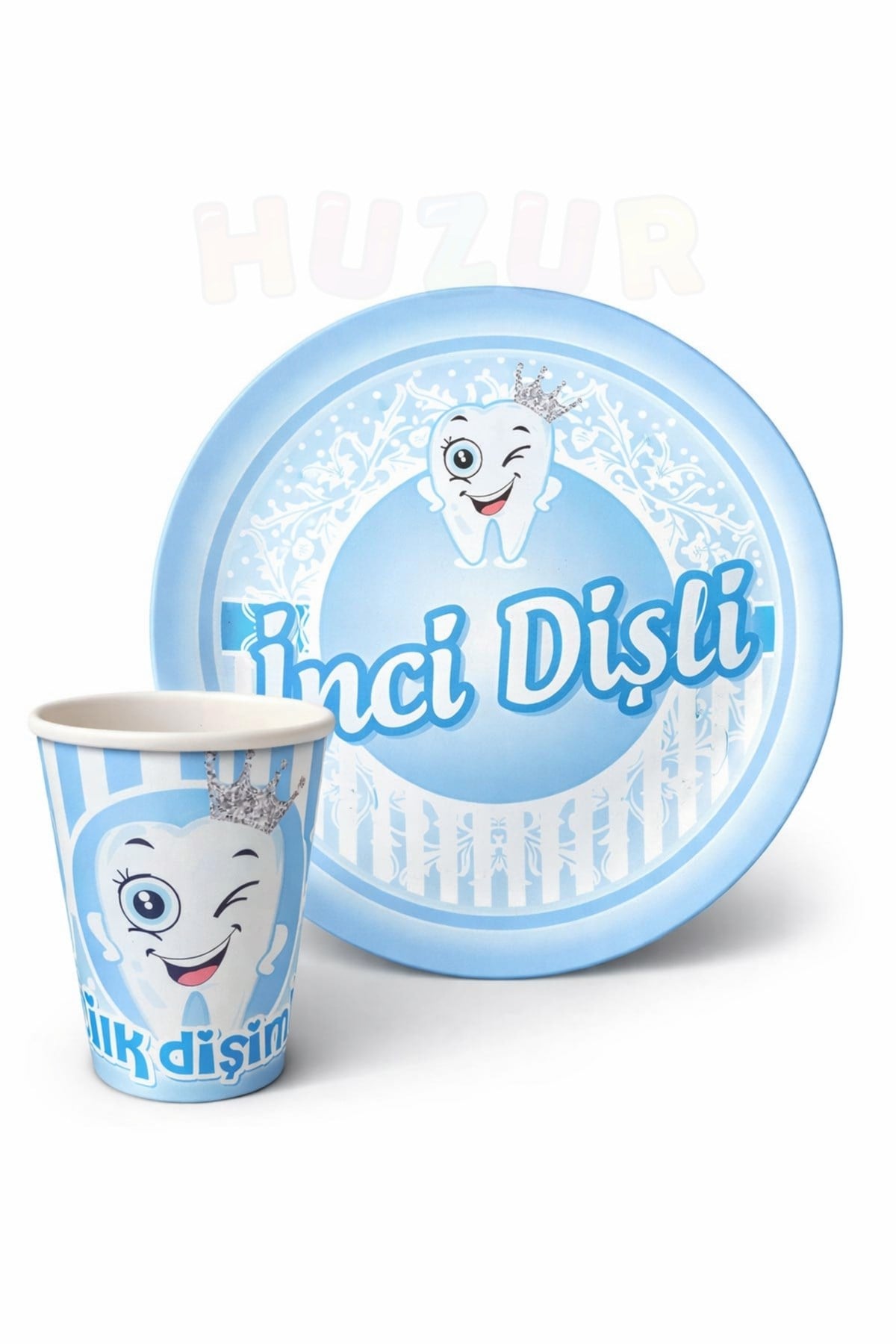 Mavi Diş Tabak Bardak 8 Adet İnci Dişli Yazılı İlk Dişim Çıktı Buğdayı Partisi Erkek Konsepti 22 Cm