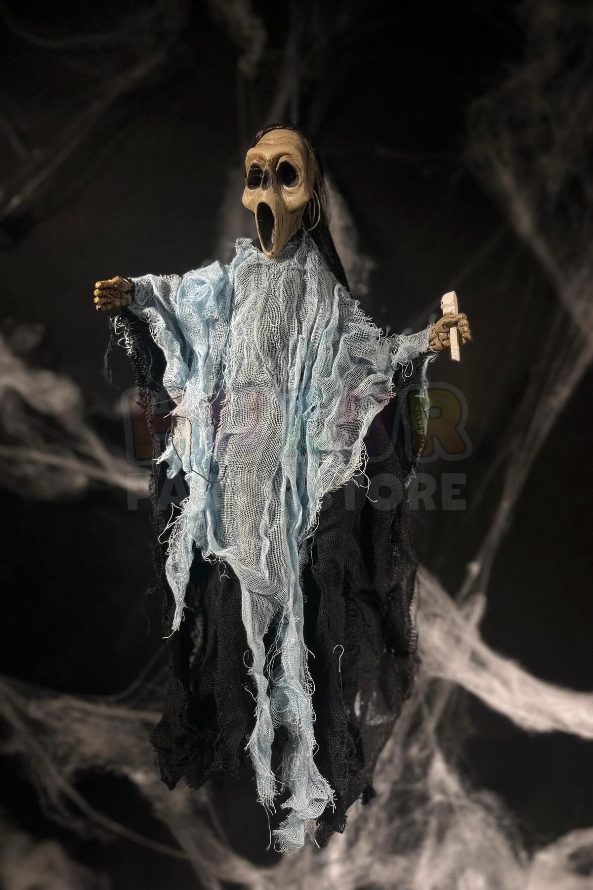 Mavi Kafatası Asalı Çığlık Cadı 45 Cm Pilli Sese Duyarlı Hareketli Halloween Cadılar Bayramı Parti
