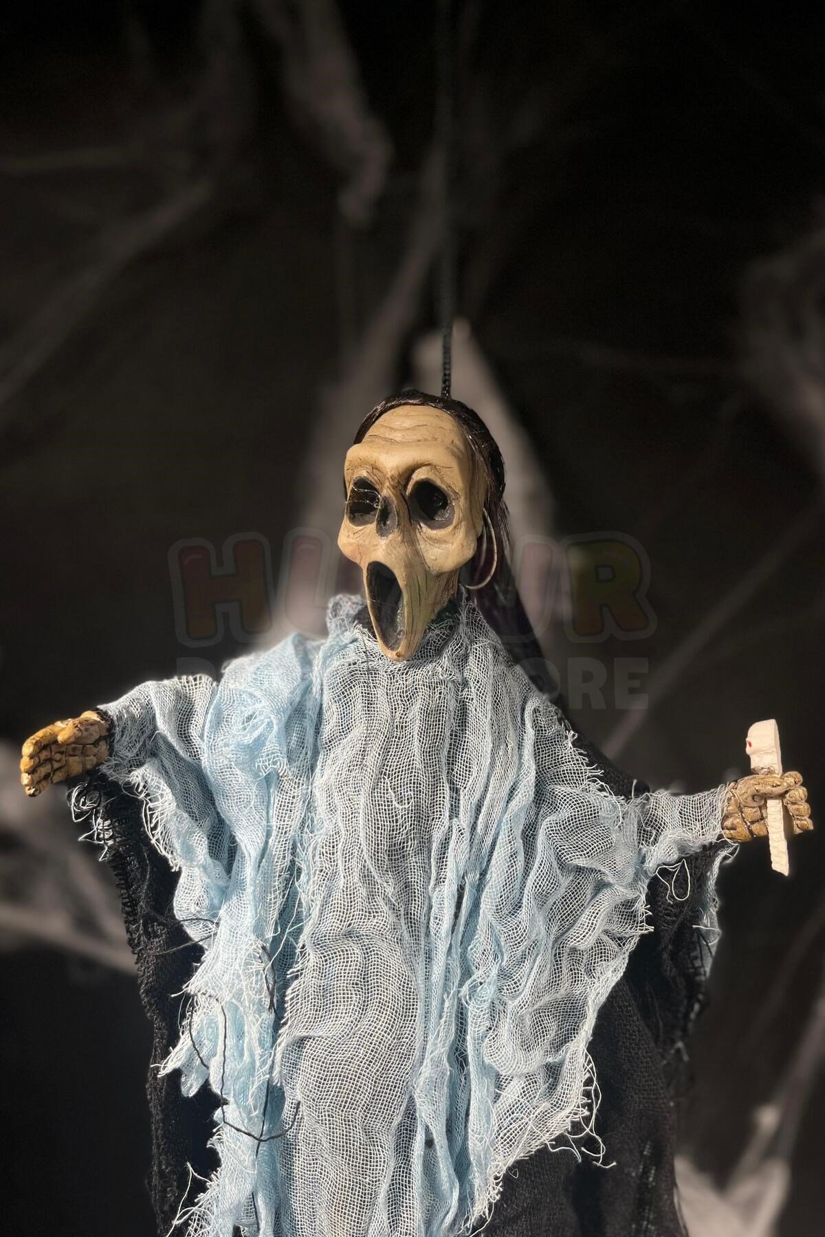 Mavi Kafatası Asalı Çığlık Cadı 45 Cm Pilli Sese Duyarlı Hareketli Halloween Cadılar Bayramı Parti