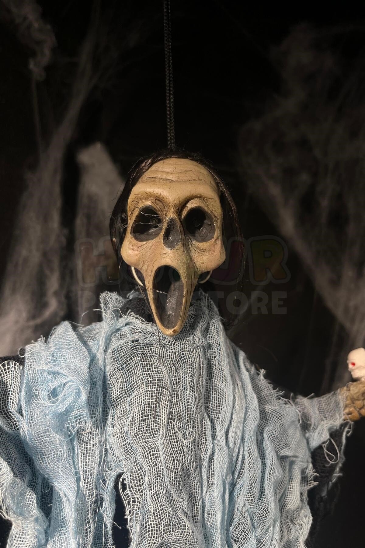 Mavi Kafatası Asalı Çığlık Cadı 45 Cm Pilli Sese Duyarlı Hareketli Halloween Cadılar Bayramı Parti