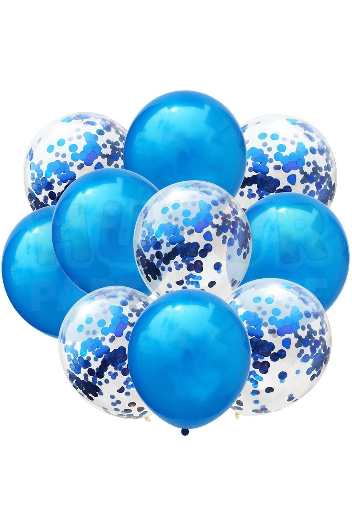 Mavi Konfetili Şeffaf Ve Mavi Metalik Balon Seti 20 Adet 30 Cm Içi Gözüken Pullu Balon Pulu Parti