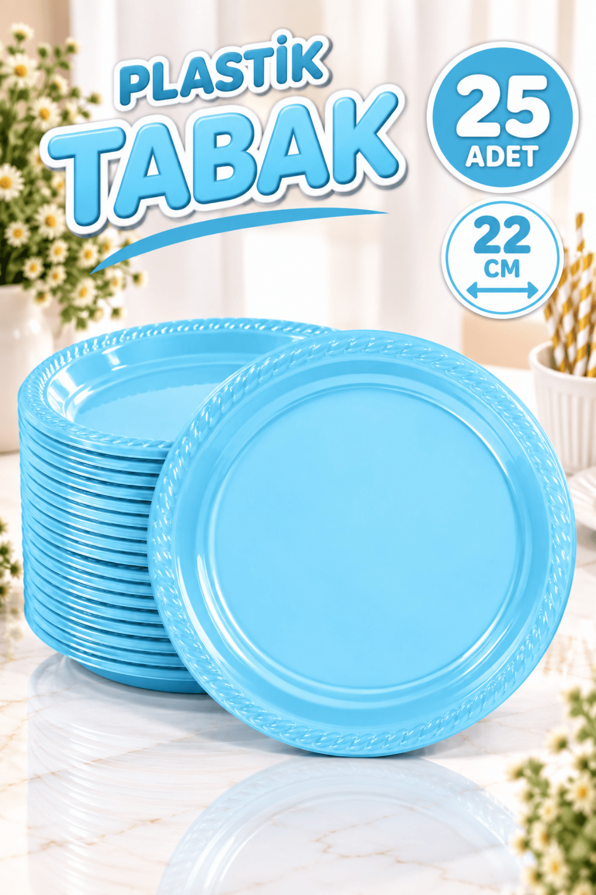 Mavi Renginde 22cm 25li Parlak Tabak Renkli Dayanıklı Plastik Doğum Günü Parti Tabağı