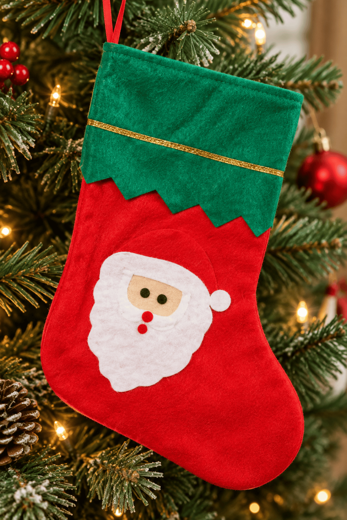 Noel Baba Yılbaşı Çorap 25x35 cm Kırmızı Yeşil Renkli Yeni Yıl Çam Ağacı Asmalık Asılan Dekor Süs