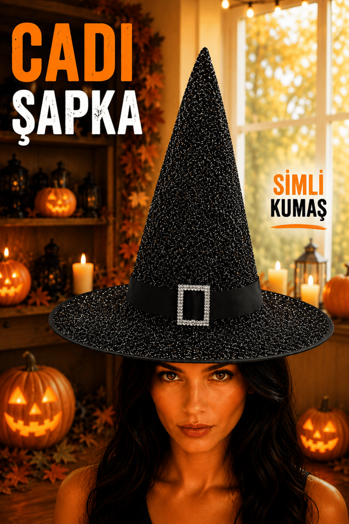 Parıltılı Halloween Cadı Şapkası Siyah Renk Kemerli Taş Detaylı Cadılar Bayramı Parti Aksesuarı