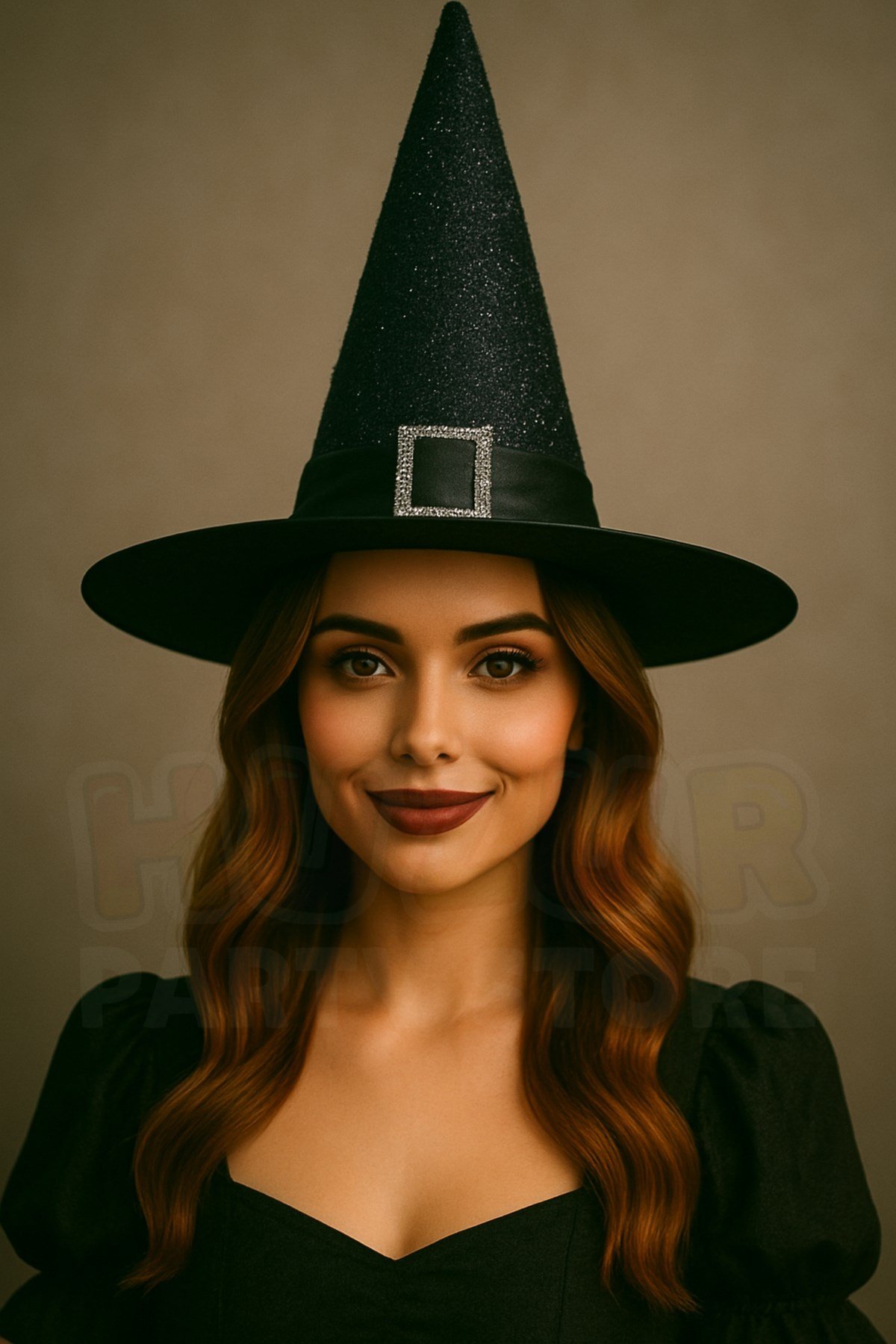 Parıltılı Halloween Cadı Şapkası Siyah Renk Kemerli Taş Detaylı Cadılar Bayramı Parti Aksesuarı