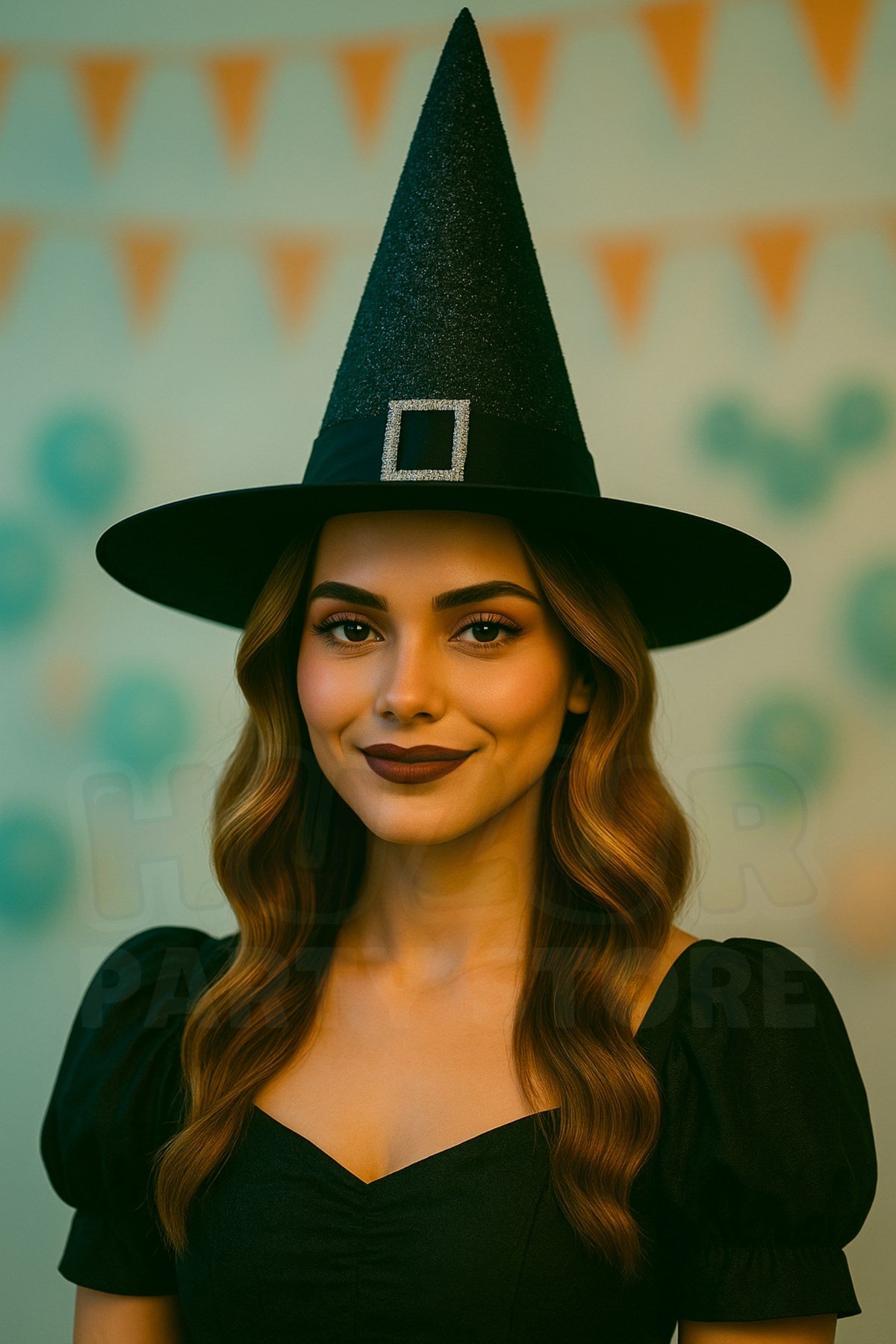 Parıltılı Halloween Cadı Şapkası Siyah Renk Kemerli Taş Detaylı Cadılar Bayramı Parti Aksesuarı
