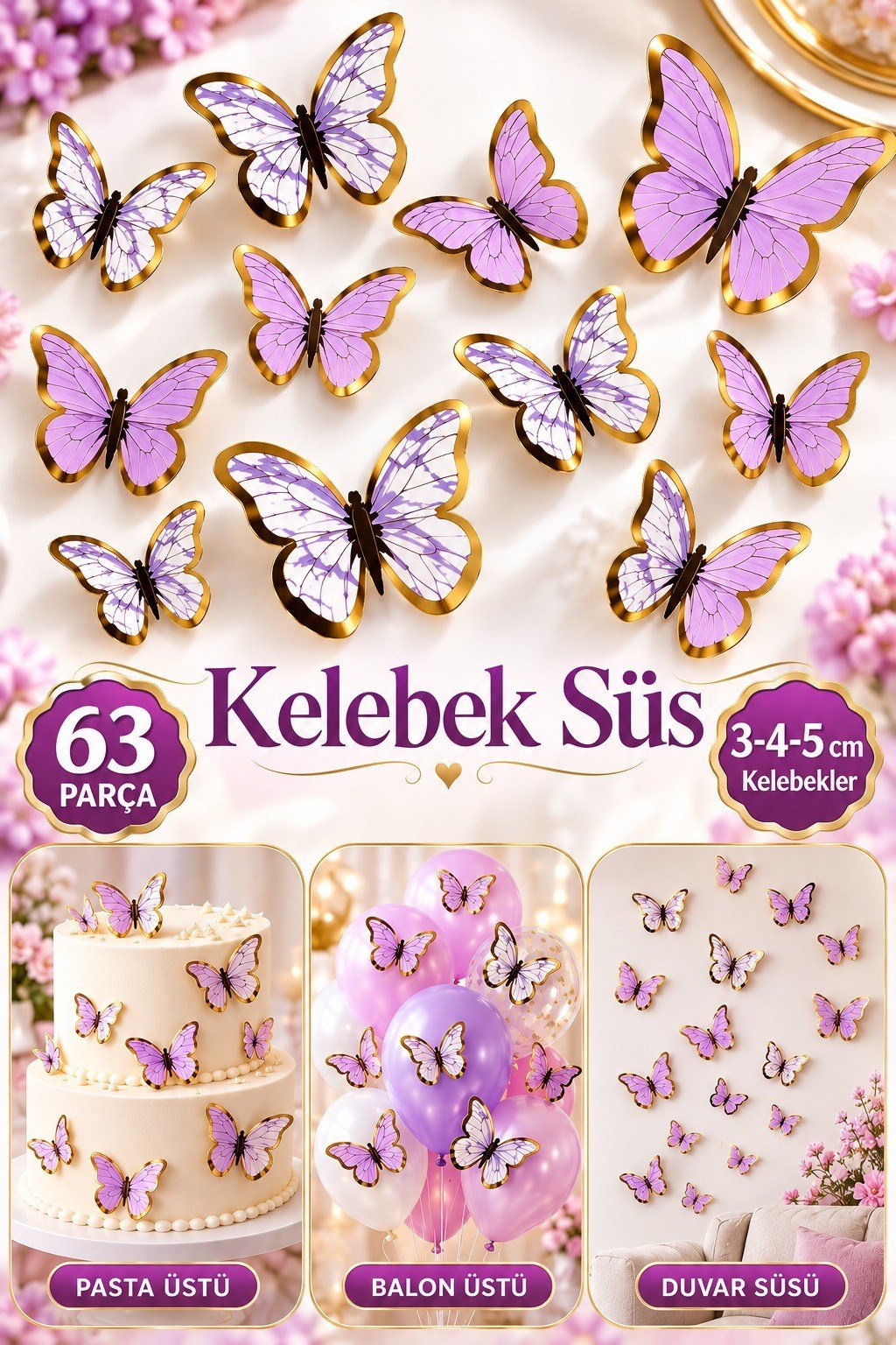 Pasta ve Balon Zinciri Süsü Lila Kelebek 63 Parça 4-6 Cm Parlak Gold Yaldızlı Sert Karton Parti Süs