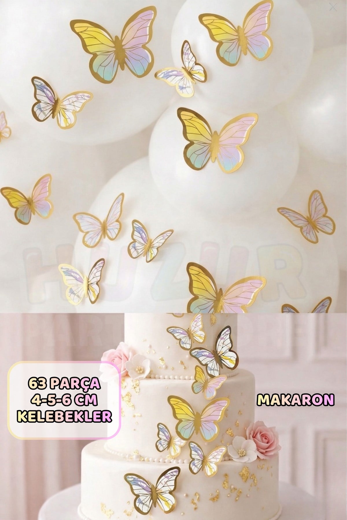 Pasta ve Balon Zinciri Süsü Makaron Renkli Kelebek 63 Parça 4-6 Cm Gold Yaldızlı Sert Karton Parti