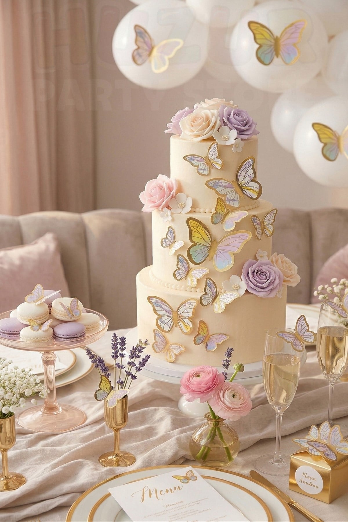 Pasta ve Balon Zinciri Süsü Makaron Renkli Kelebek 63 Parça 4-6 Cm Gold Yaldızlı Sert Karton Parti
