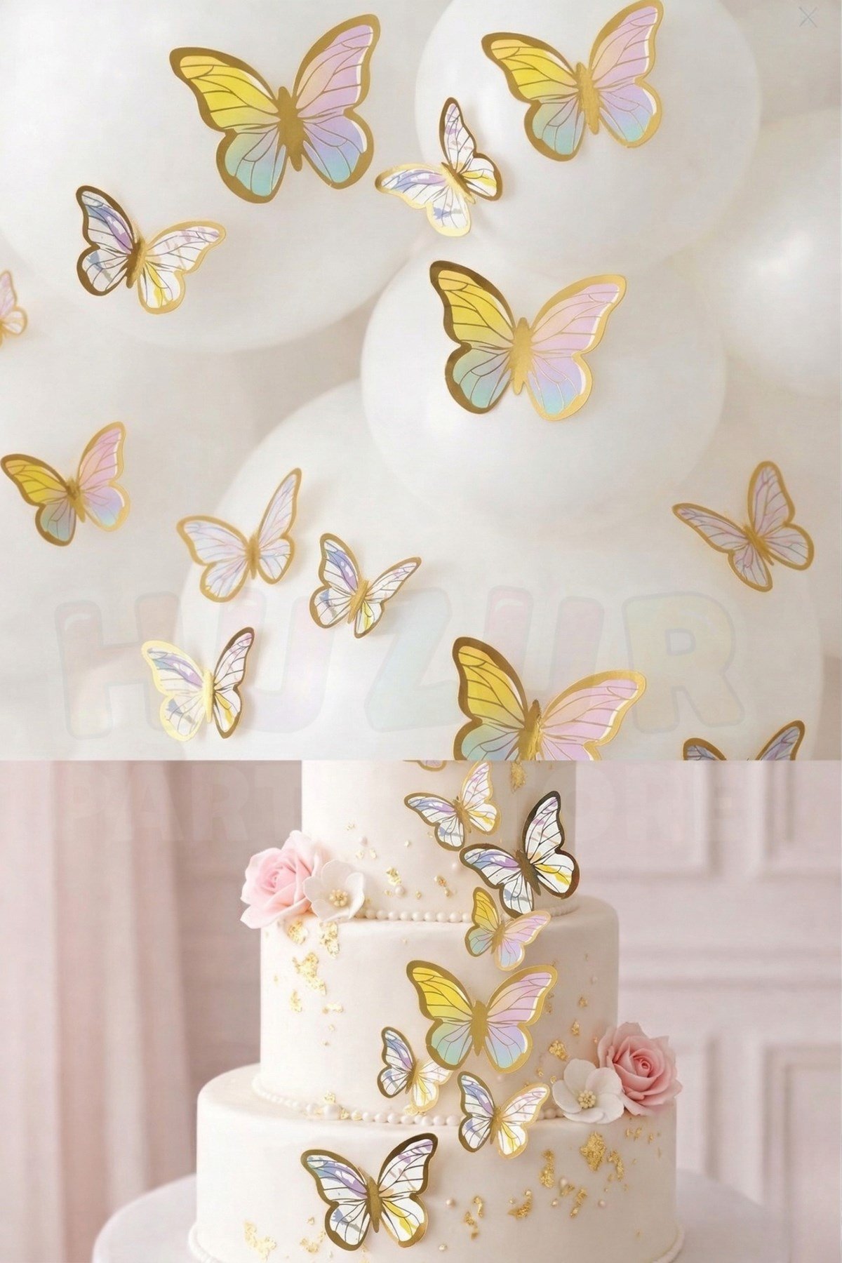 Pasta ve Balon Zinciri Süsü Makaron Renkli Kelebek 63 Parça 4-6 Cm Gold Yaldızlı Sert Karton Parti