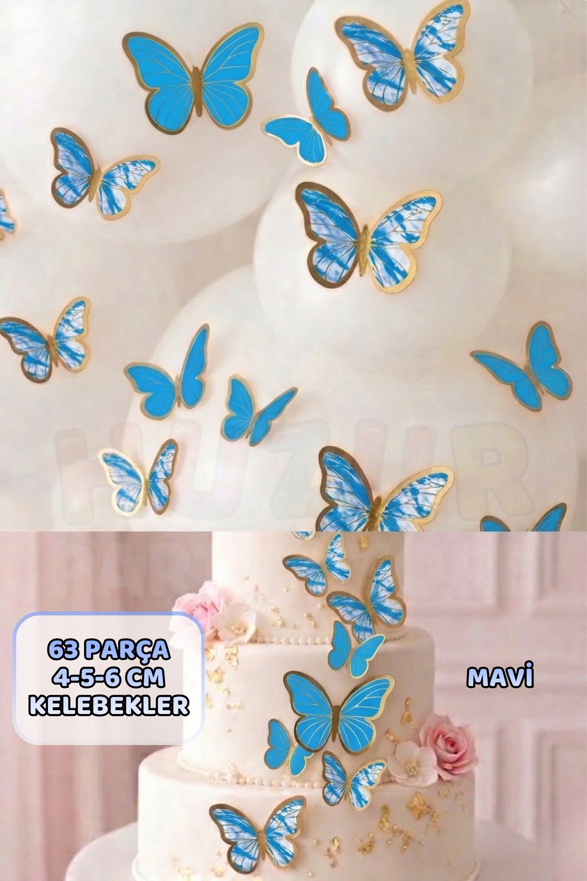 Pasta ve Balon Zinciri Süsü Mavi Kelebek 63 Parça 4-6 Cm Parlak Gold Yaldızlı Sert Karton Parti Süs