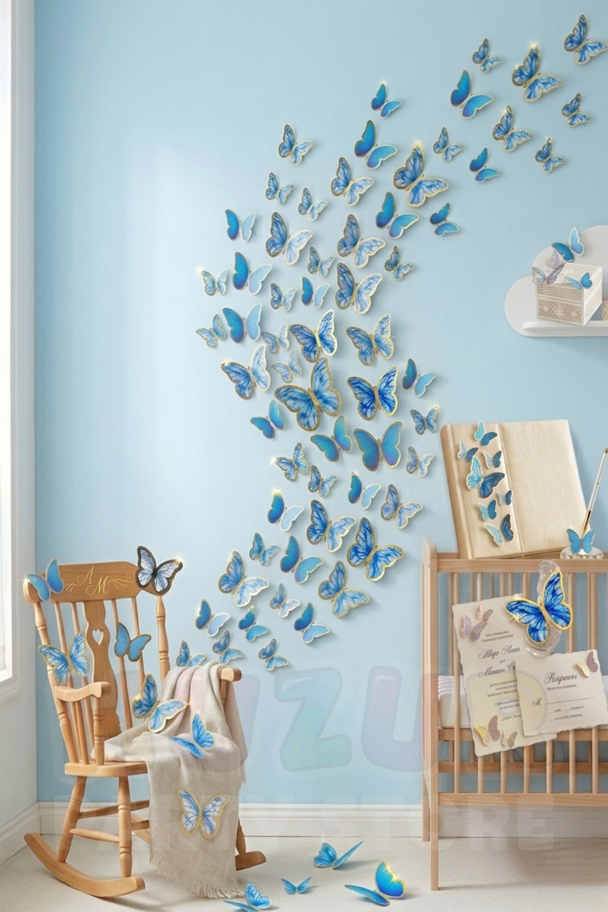 Pasta ve Balon Zinciri Süsü Mavi Kelebek 63 Parça 4-6 Cm Parlak Gold Yaldızlı Sert Karton Parti Süs