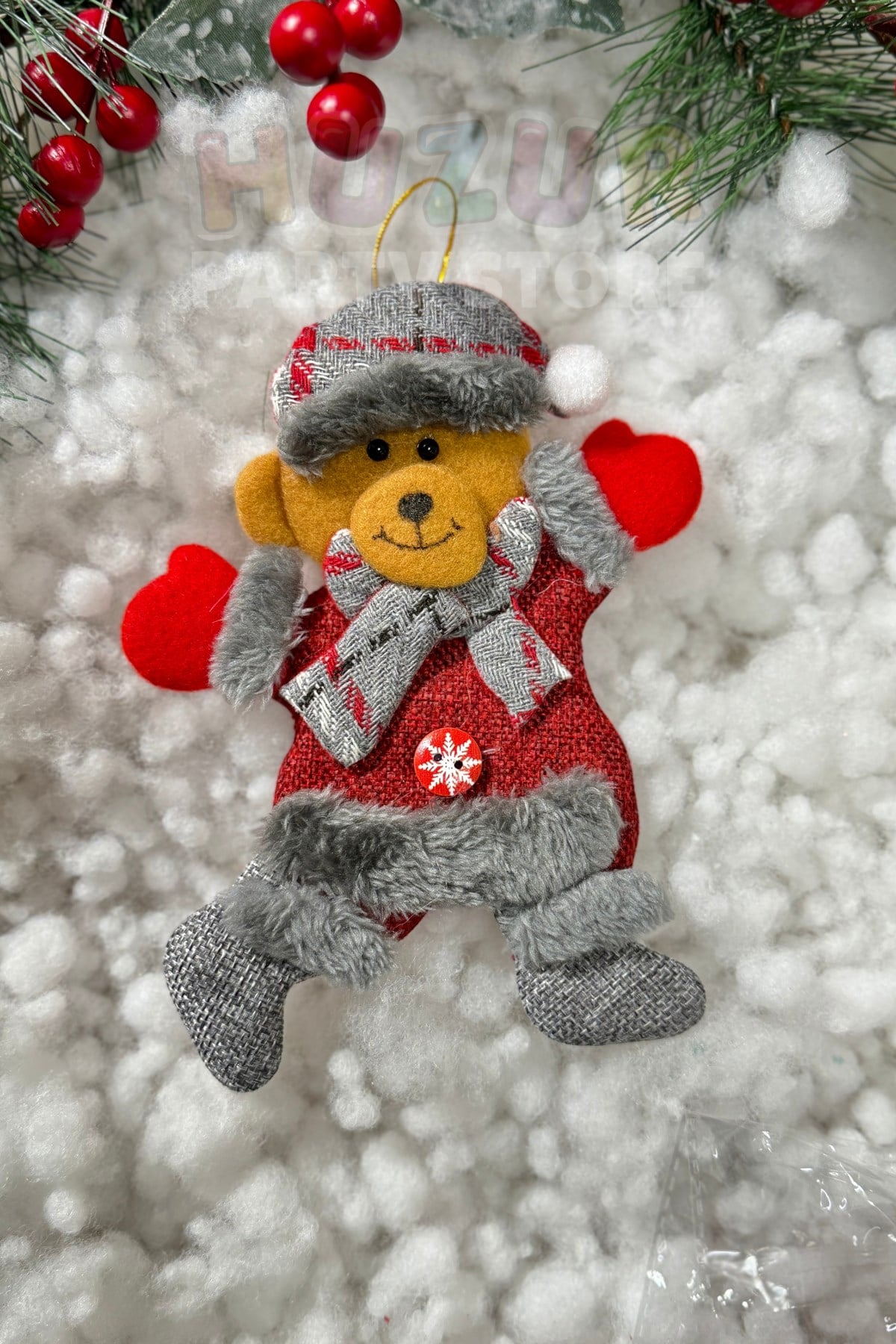 Peluş Sevimli Ayıcık Yılbaşı Ağacı Asmalık 18 cm Süs Kırmızı Gri