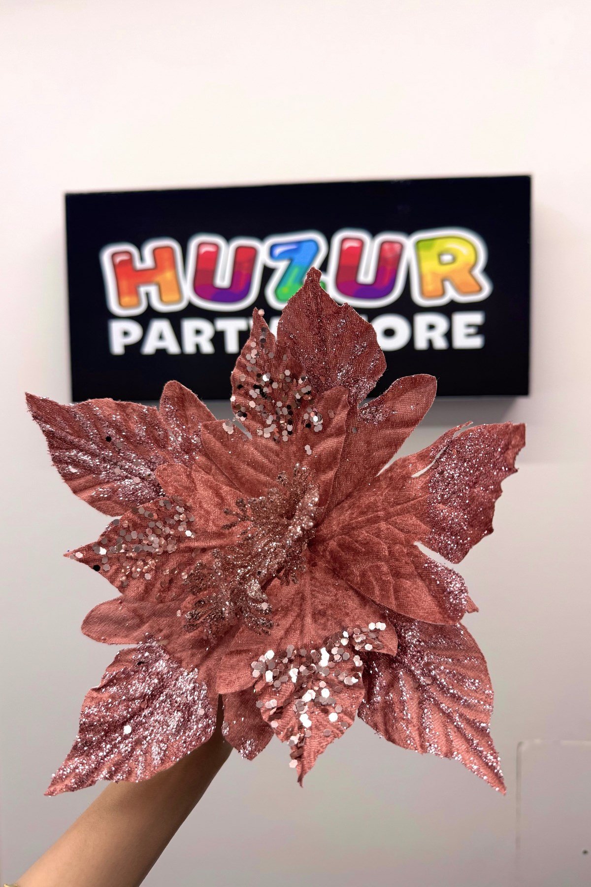 Pembe Ata Çiçeği 30 Cm Kadife Büyük Boy Yapay Çiçek Yılbaşı Çam Ağacı Yeni Yıl Dekoru Simli Pullu