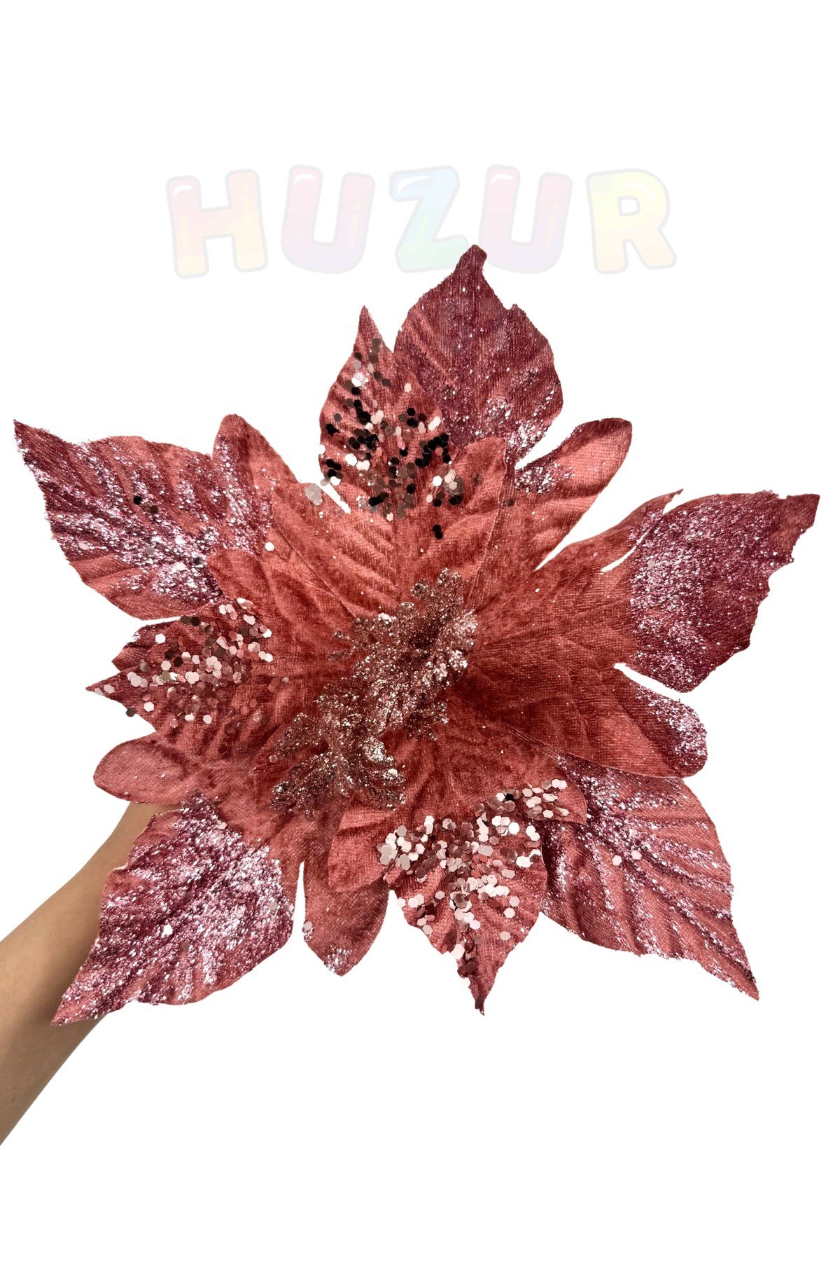 Pembe Ata Çiçeği 30 Cm Kadife Büyük Boy Yapay Çiçek Yılbaşı Çam Ağacı Yeni Yıl Dekoru Simli Pullu