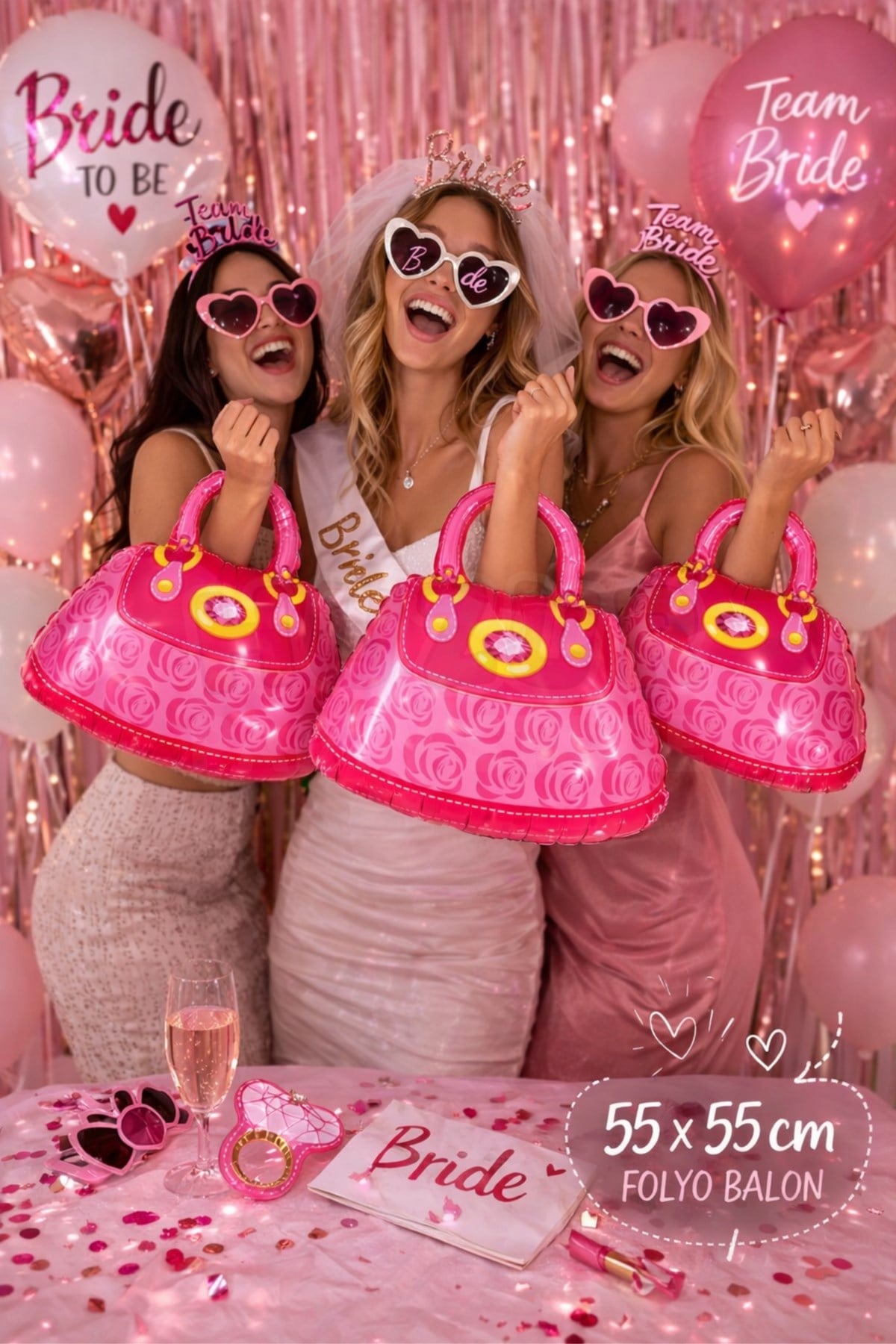 Pembe Çanta Folyo Balon 40x45 Cm Tutma Saplı Bride To Be Süsleri Bekarlığa Veda Partisi Konsepti
