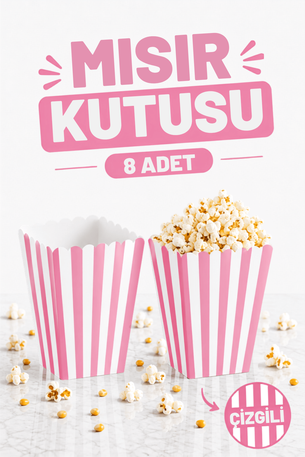 Pembe Çizgili Beyaz Mısır Kutusu 8li Karton Cips Kutusu 8 Adet Pop Corn Darı Kabı