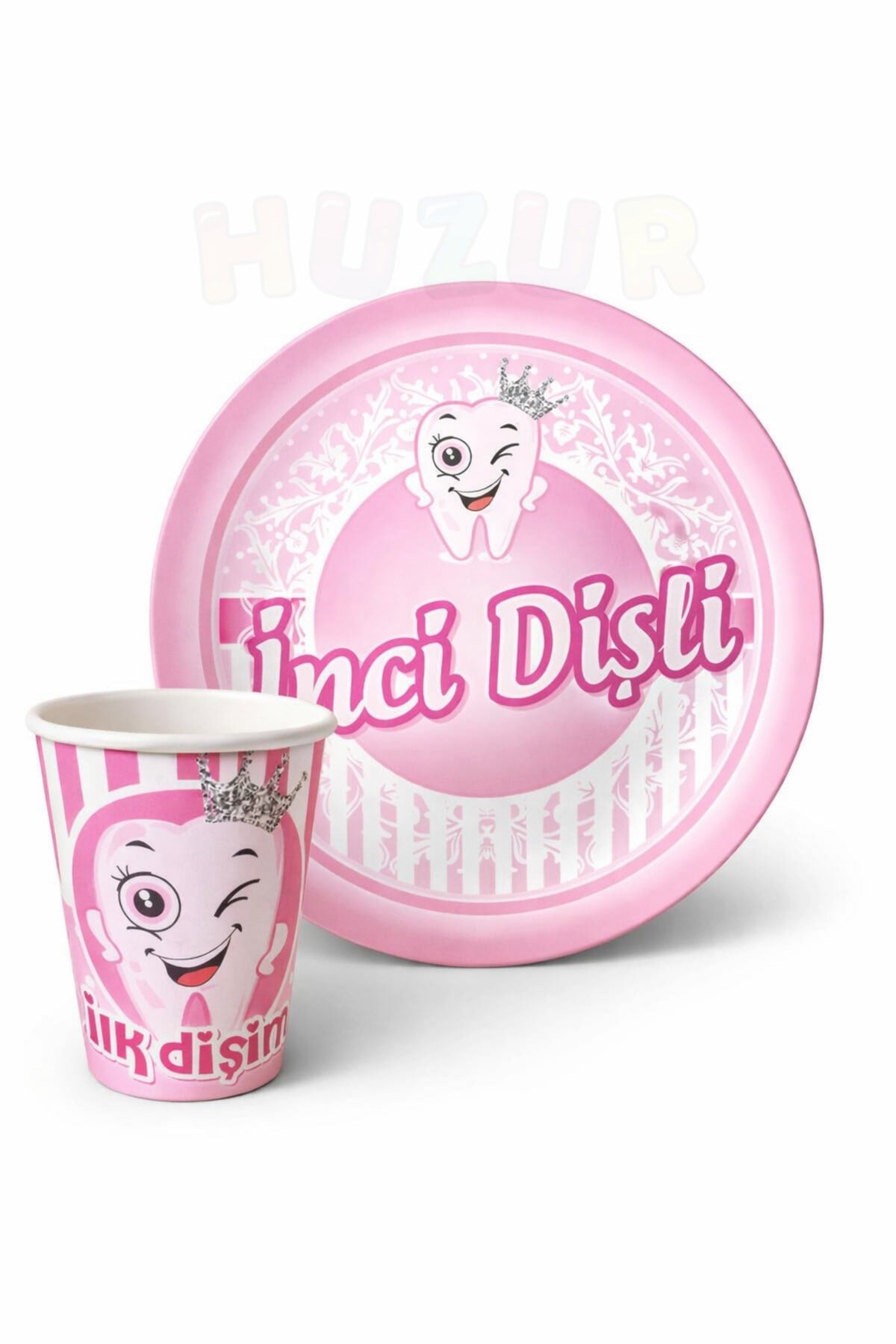 Pembe Diş Tabak Bardak 8 Adet İnci Dişli Yazılı İlk Dişim Çıktı Buğdayı Partisi Erkek Konsepti 22 Cm