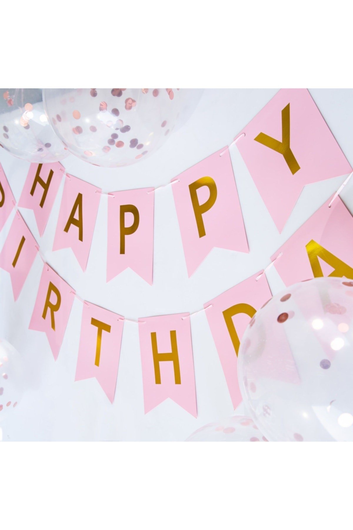 Pembe Gold Yaldızlı Happy Birthday Banner Doğum Günü Yazısı Ve 5 Adet Gold Konfetili Şeffaf Balon