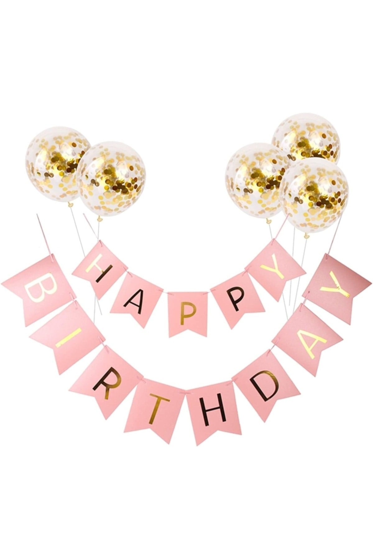 Pembe Gold Yaldızlı Happy Birthday Banner Doğum Günü Yazısı Ve 5 Adet Gold Konfetili Şeffaf Balon