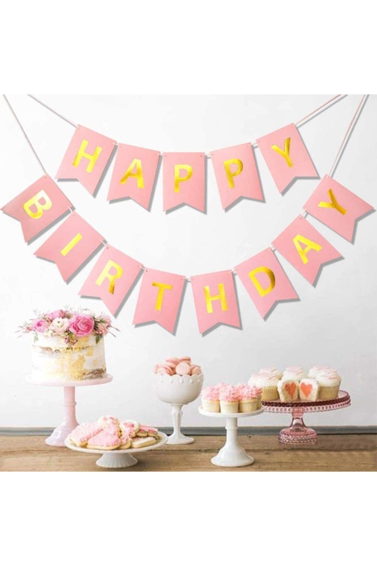 Pembe Gold Yaldızlı Happy Birthday Banner Doğum Günü Yazısı Ve 5 Adet Gold Konfetili Şeffaf Balon