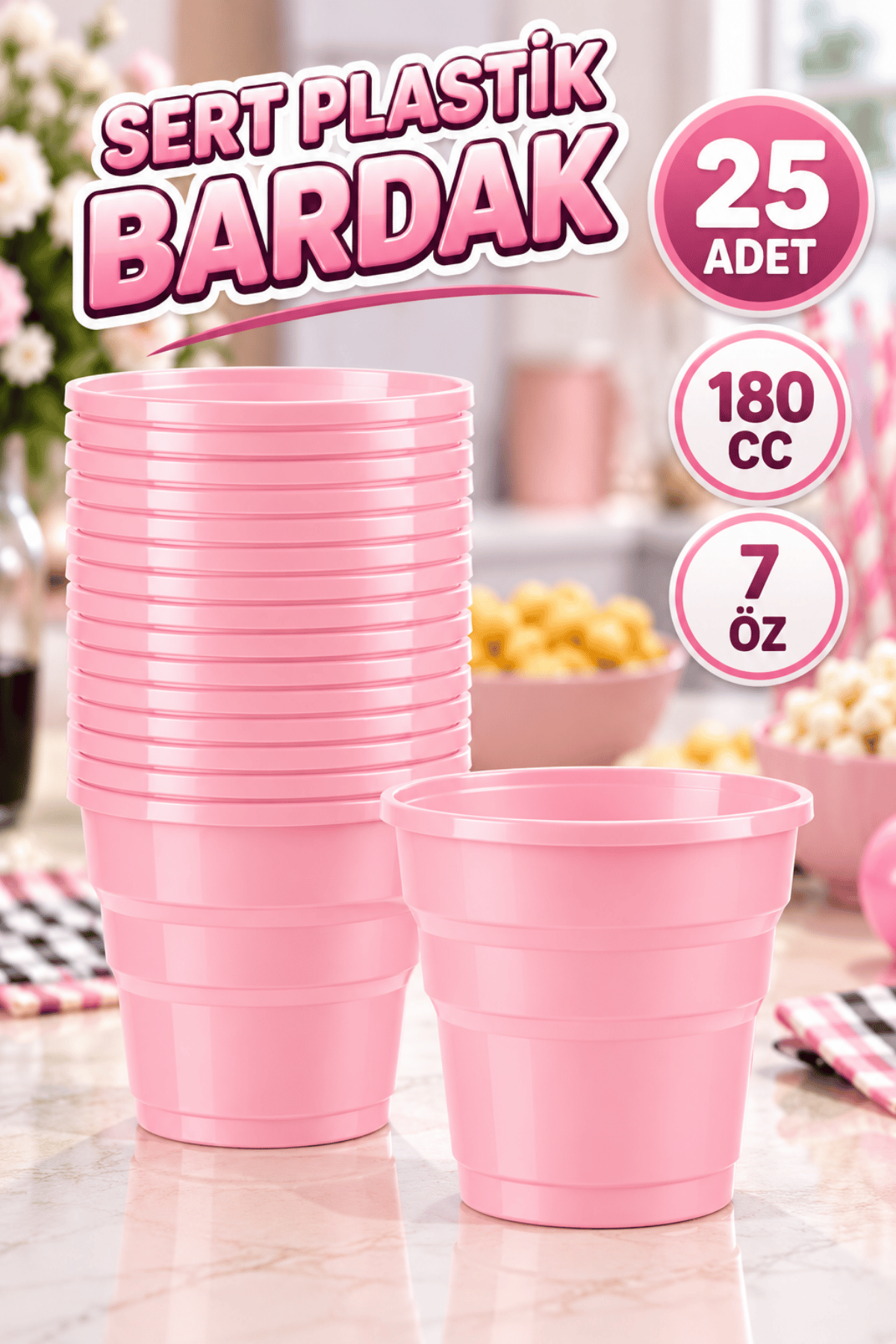 Pembe Renk 25 Li Plastik Bardak 180 Cc 7 Oz Sert Doğum Günü Partisi Meşrubat Bardağı