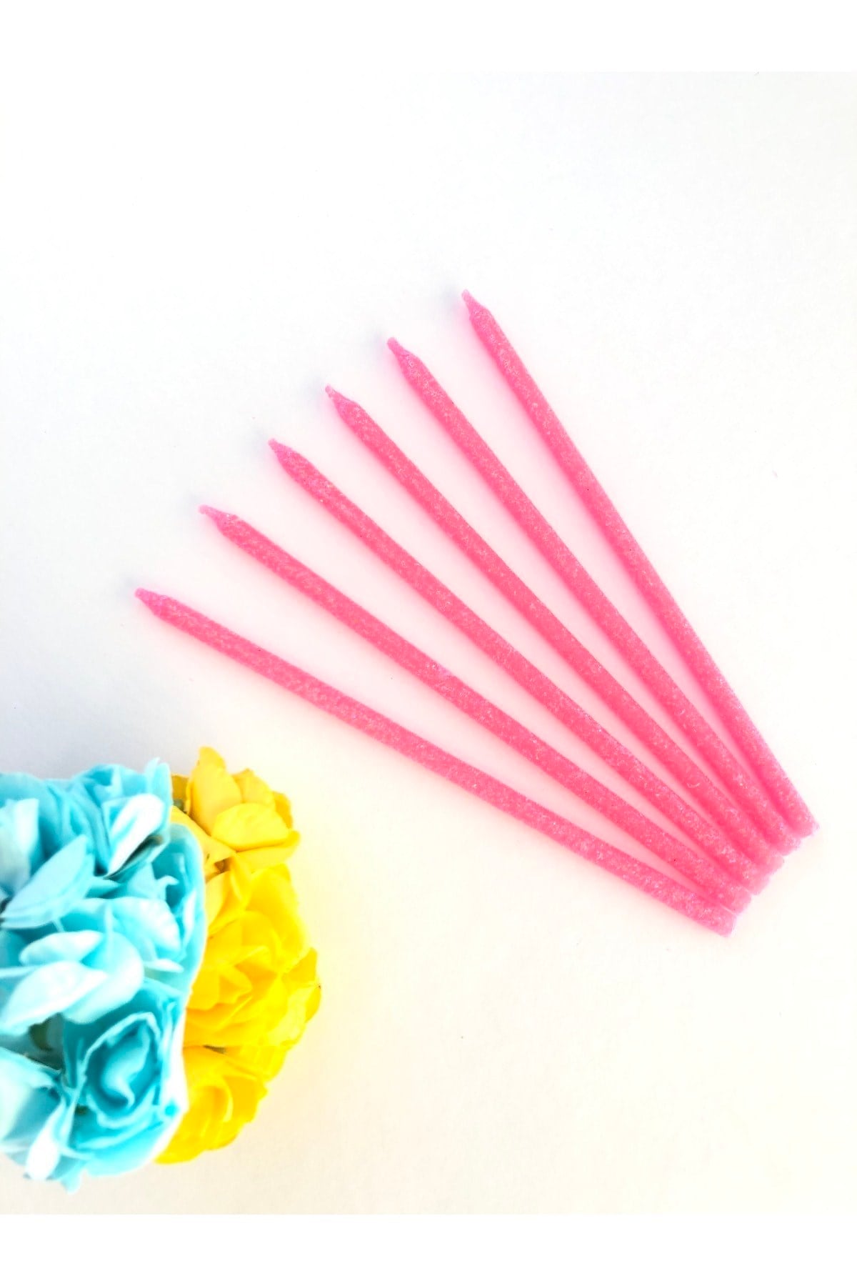 Pembe Renkli 14 Cm Simli Göz Alıcı Ince Kibar Işıl Işıl 6 Lı Doğum Günü Parti Pasta Kek Mumu