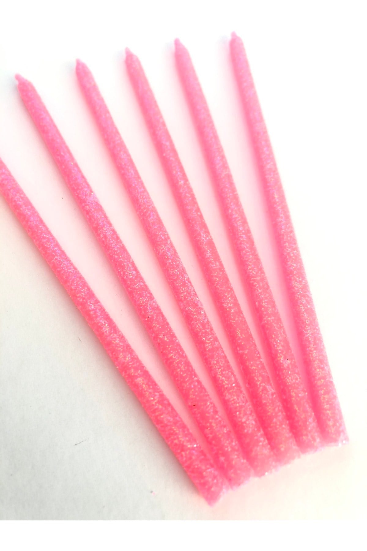 Pembe Renkli 14 Cm Simli Göz Alıcı Ince Kibar Işıl Işıl 6 Lı Doğum Günü Parti Pasta Kek Mumu