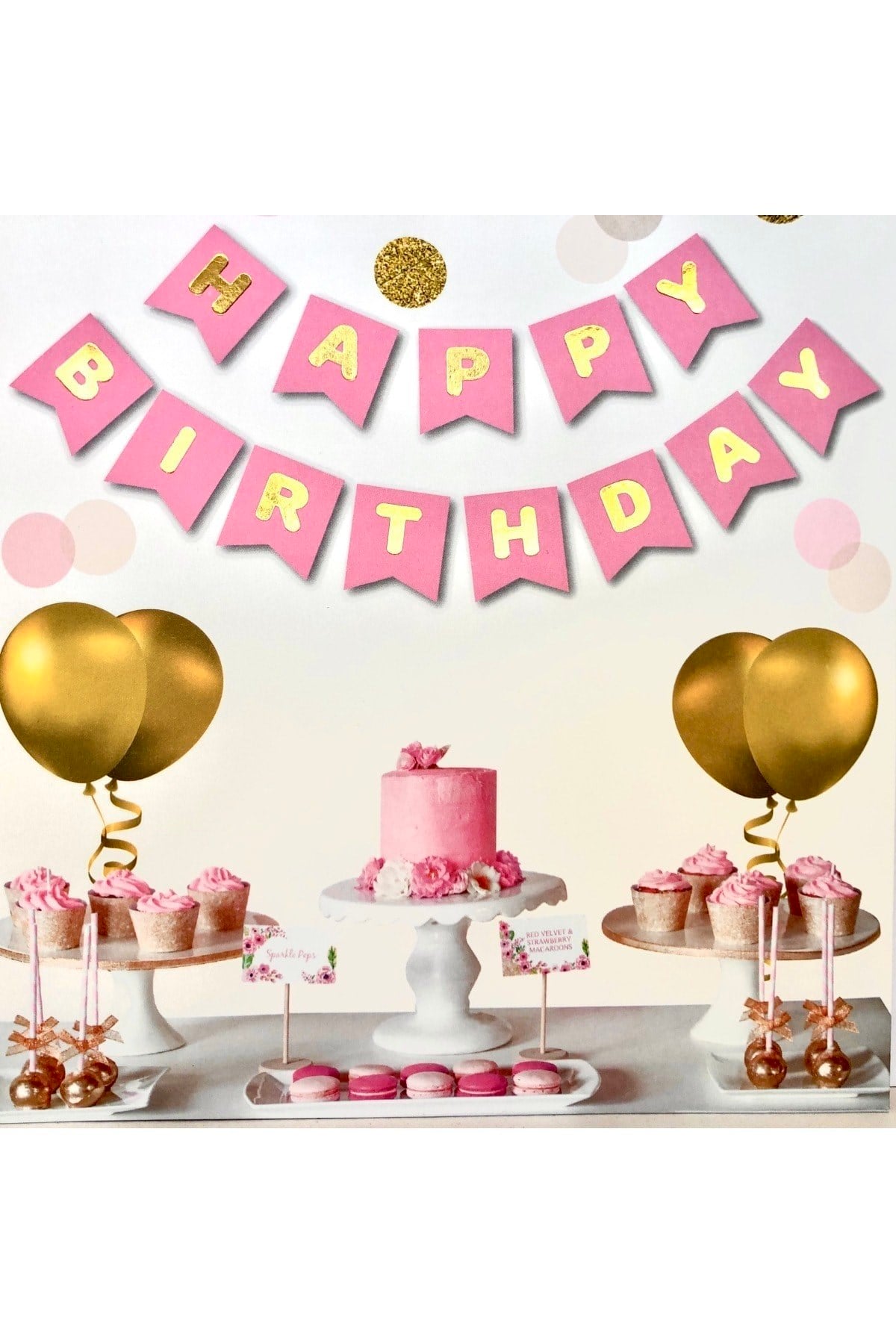 Pembe Üstüne Gold Altın Sarısı Yaldızlı Happy Birthday Yazılı Doğum Günü Partisi Karton Yazı Banner