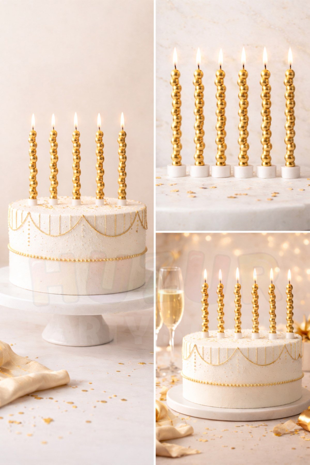 Pıtırcıklı Gold Renkli Mum 6 Adet 9 Cm Doğum Günü Pasta Mumu Boncuk Model Altın Renk Parti Süsü