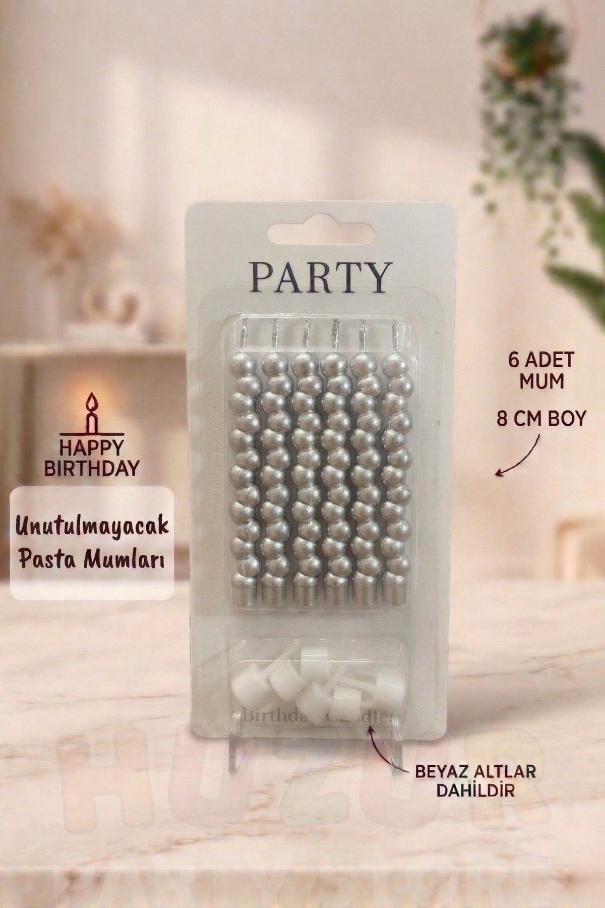 Pıtırcıklı Gümüş Renkli Mum 6 Adet 9 Cm Doğum Günü Pasta Mumu Boncuk Model Gri Renk Parti Süsü