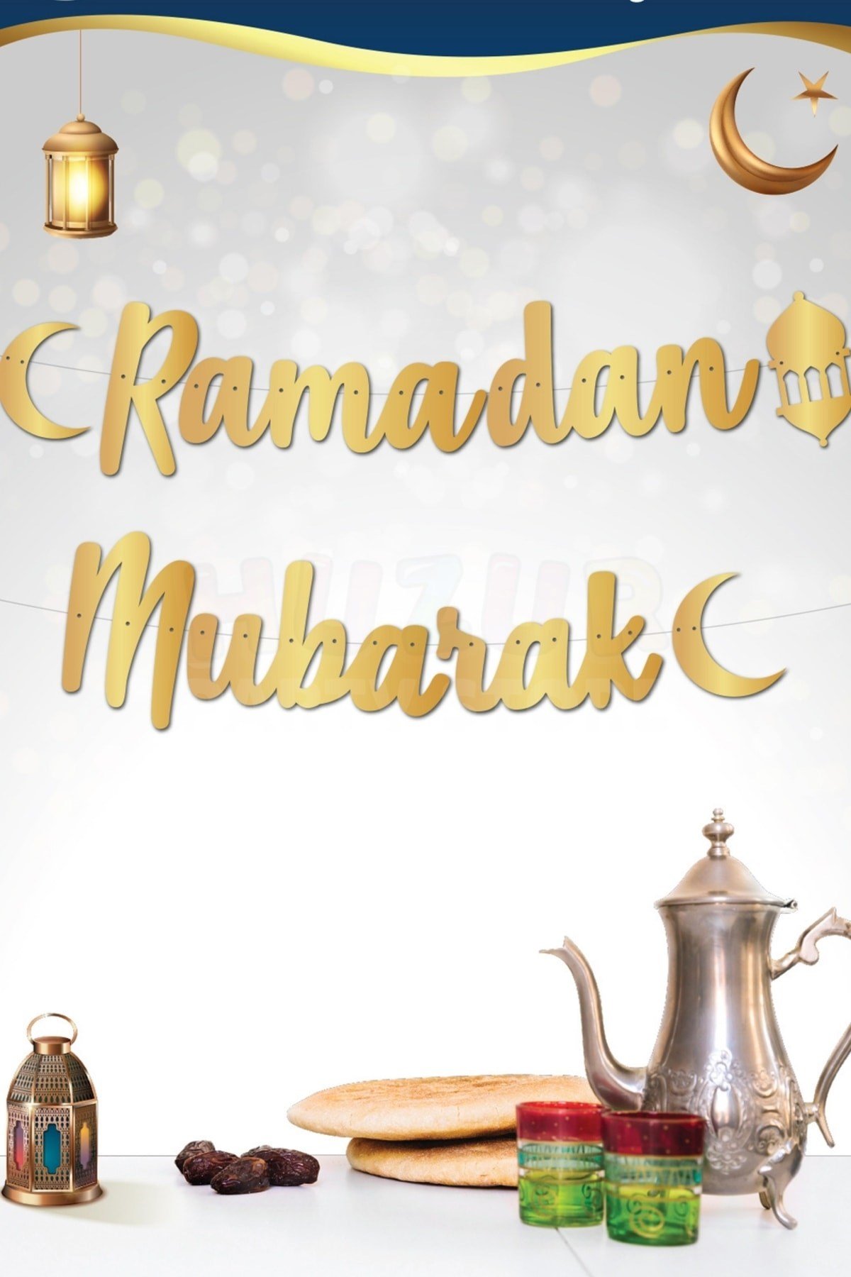 Ramadan Mubarak Yazısı Kaligrafi Banner Gold Renkli 200x20 Cm Ramazan Bayramı Altın Renginde Süs Gb
