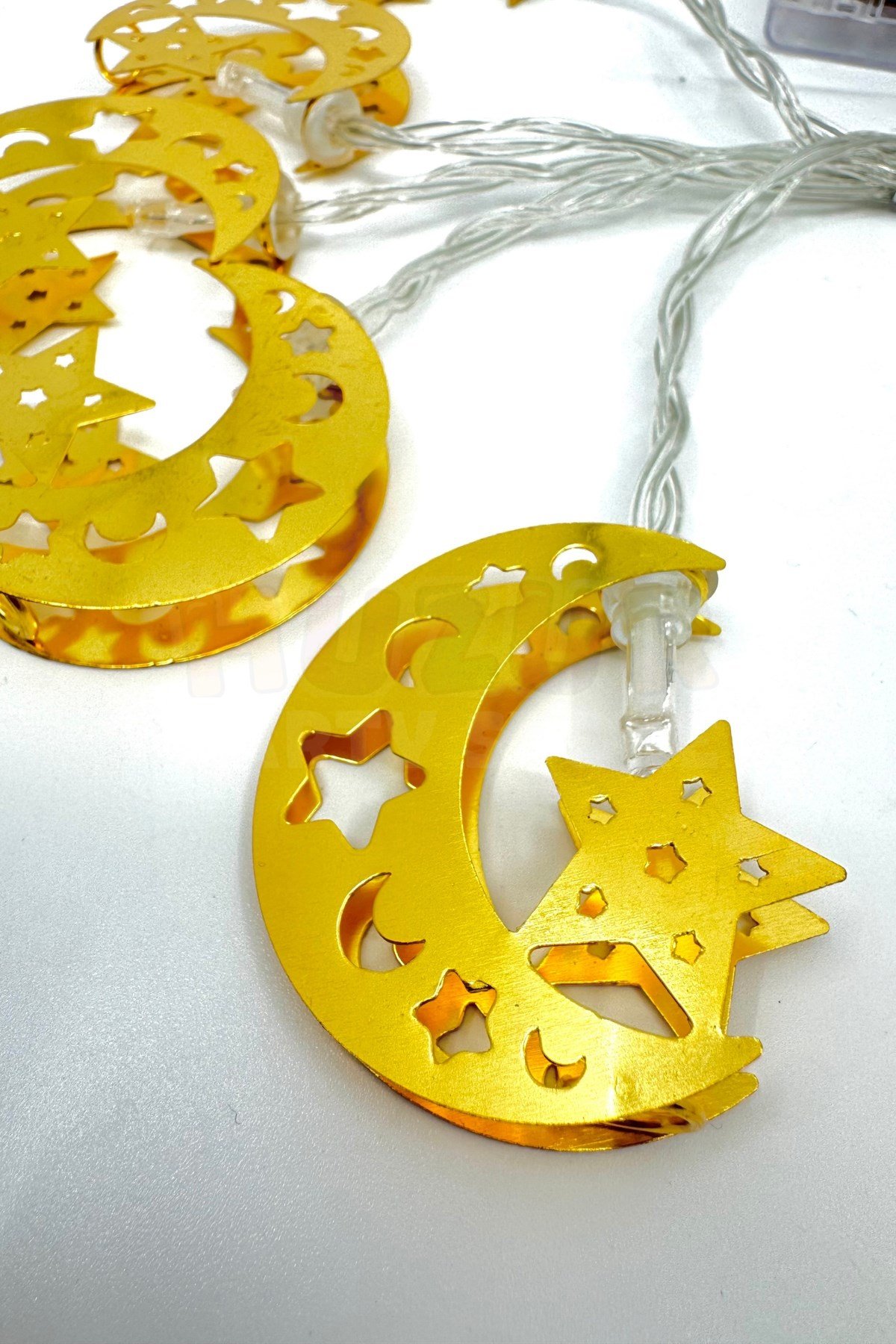 Ramazan Ay Yıldız Figürlü Metal Led Işık Süsü Gold 2 Metre 10 Ledli Günışığı Sarı Pilli Fonksiyonlu