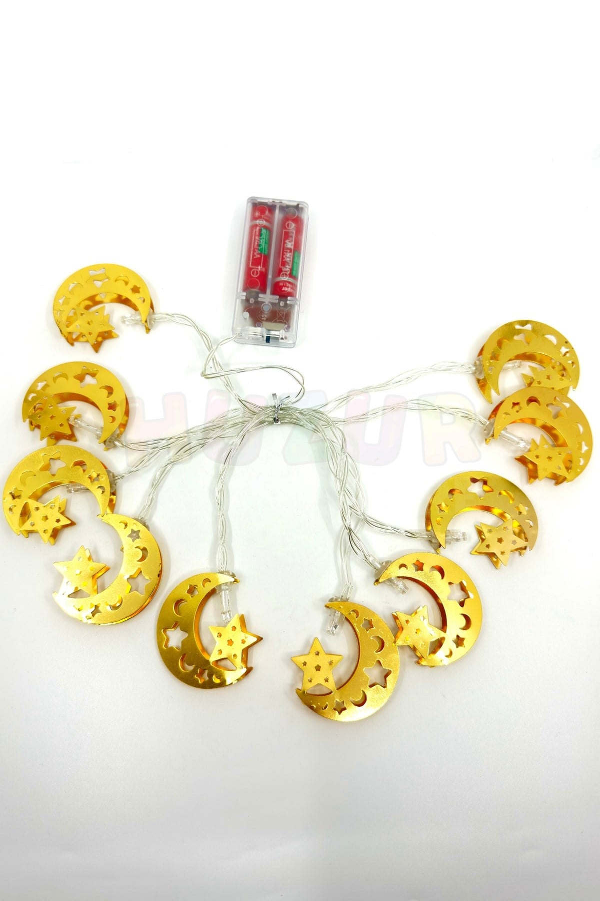 Ramazan Ay Yıldız Figürlü Metal Led Işık Süsü Gold 2 Metre 10 Ledli Günışığı Sarı Pilli Fonksiyonlu