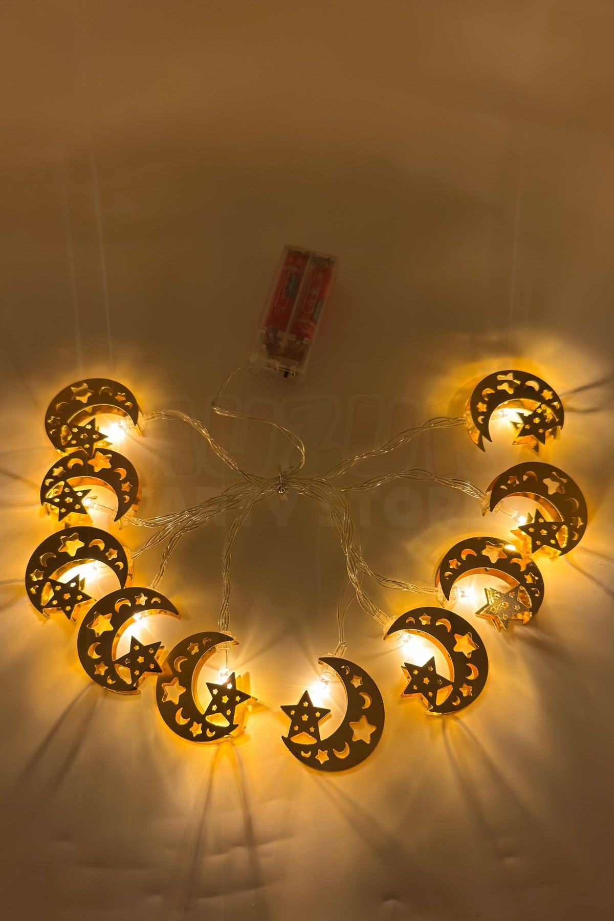Ramazan Ay Yıldız Figürlü Metal Led Işık Süsü Gold 2 Metre 10 Ledli Günışığı Sarı Pilli Fonksiyonlu