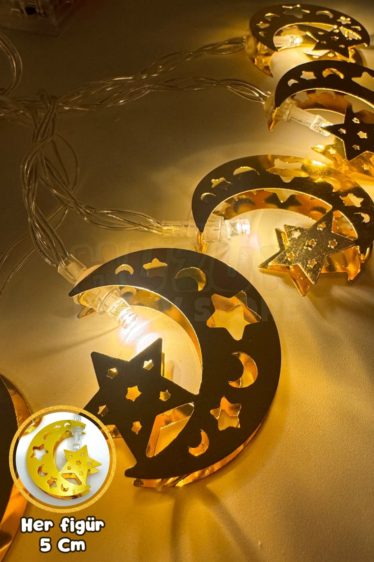 Ramazan Ay Yıldız Figürlü Metal Led Işık Süsü Gold 2 Metre 10 Ledli Günışığı Sarı Pilli Fonksiyonlu