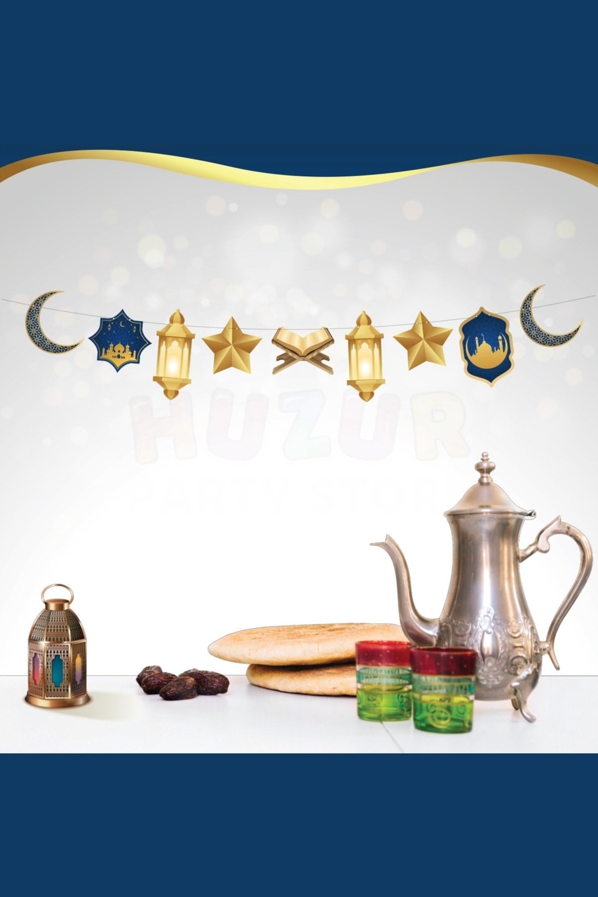 Ramazan Bayramı Dekoratif Asmalık Süs 140 Cm Lacivert Gold Banner Hilal Yıldız Kuran Mahya Cami Tema